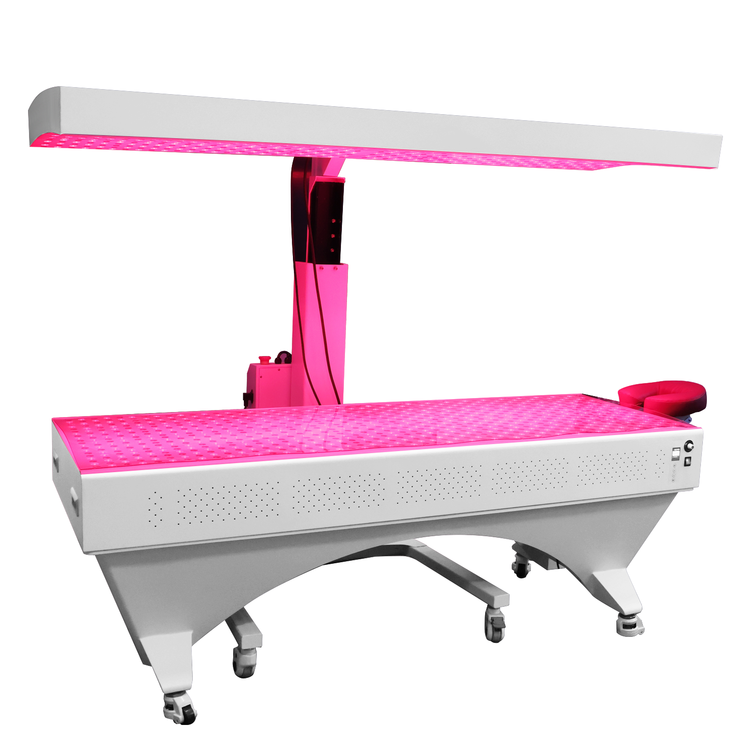 BioLight Adapt System table and overhead panel glowing red, viewed from the foot end