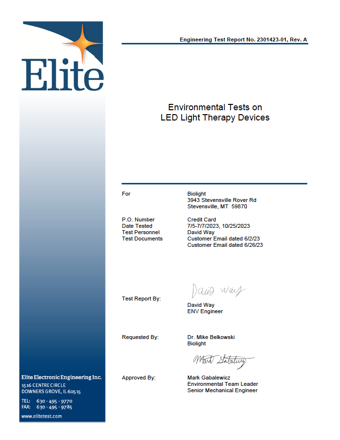 Cover page of an Elite engineering test report on environmental tests of BioLight Cocoon LED light therapy devices