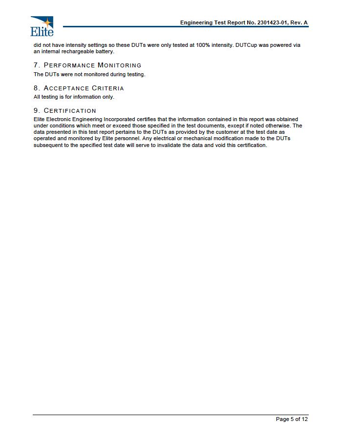Test report page with performance monitoring and certification notes for the BioLight Cocoon LED device tests