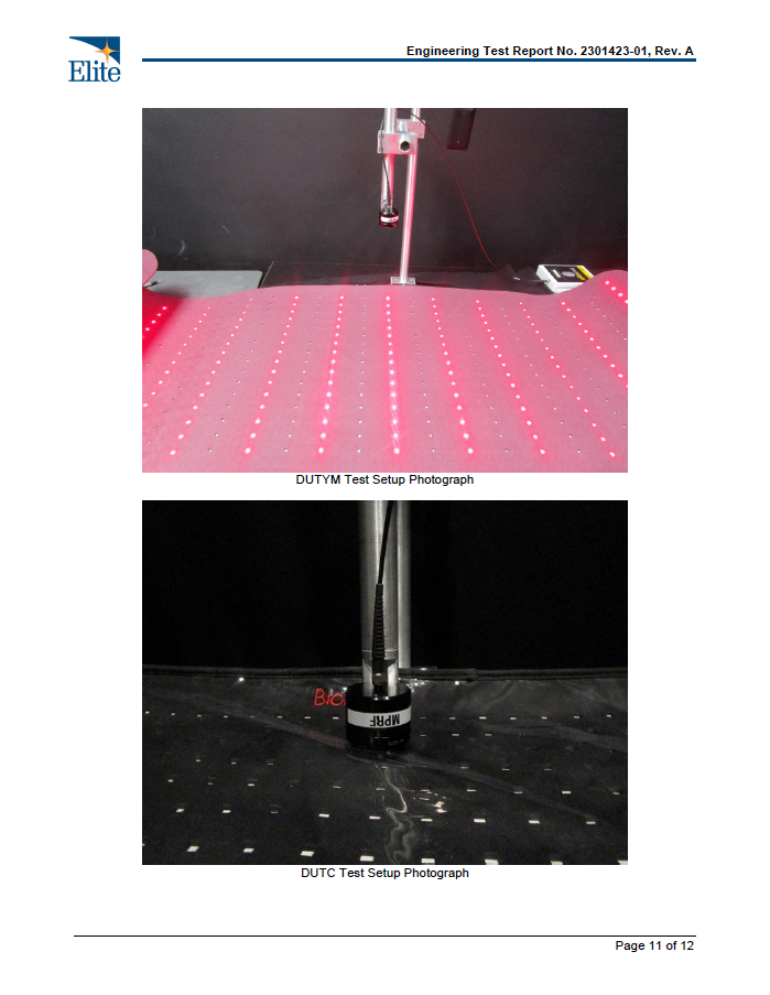 Test report page showing spectroradiometer setup photos measuring the BioLight Cocoon's red LEDs