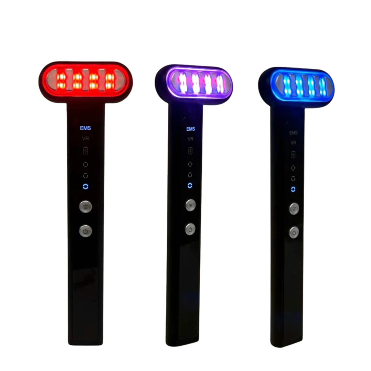 TheraSculpt facial devices in red, purple and blue light modes