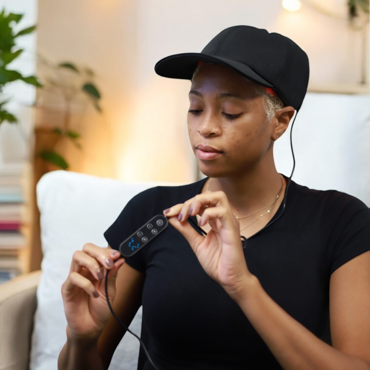 Woman wearing the TheraCap and adjusting the controller