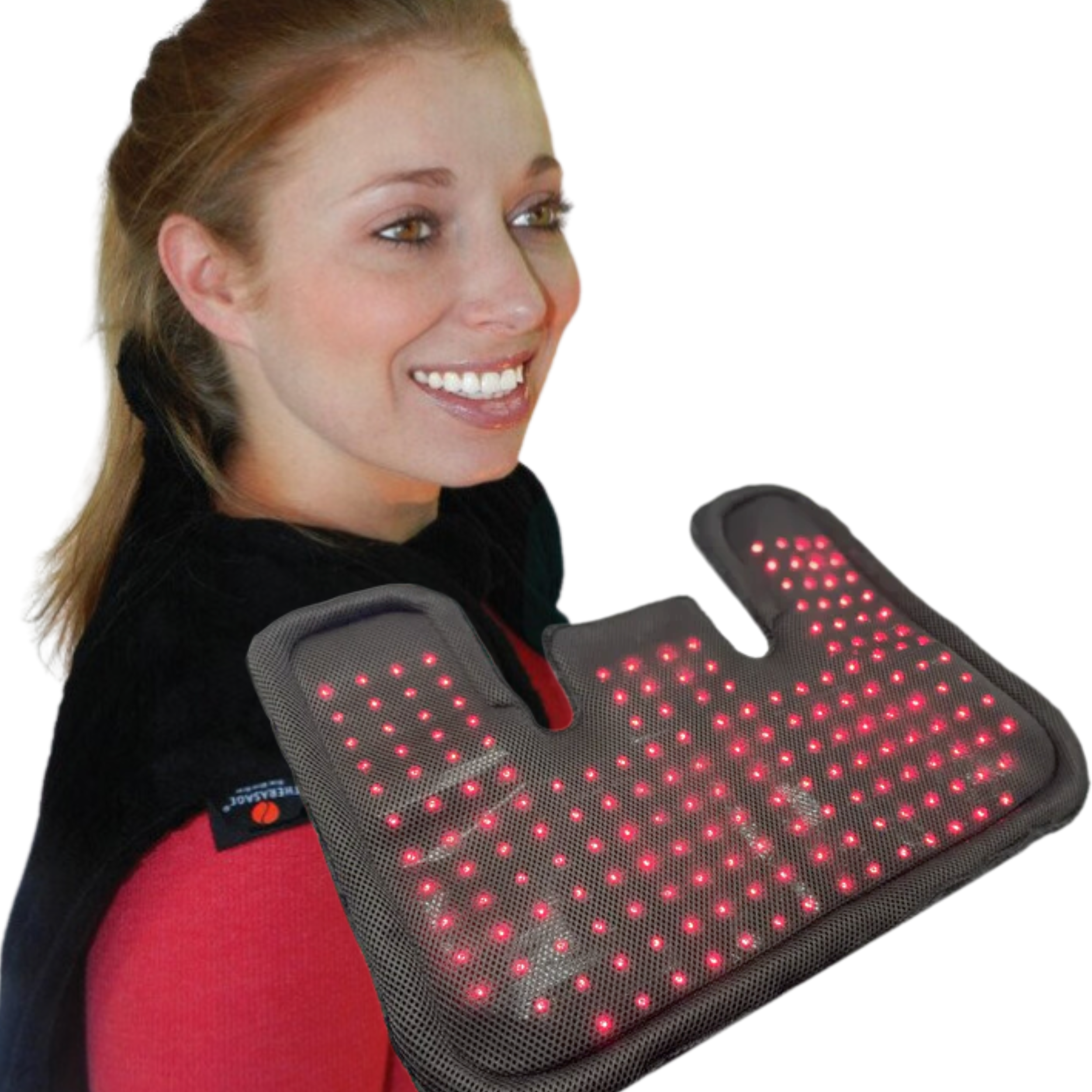 TheraPerfect Pad draped over one shoulder with the LED panel facing the body