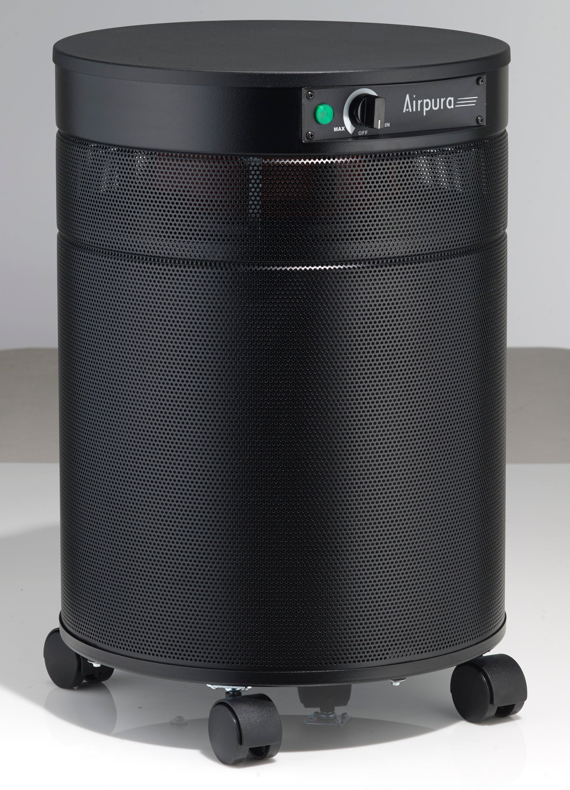 Airpura Odor-Free air purifier, black finish, side view