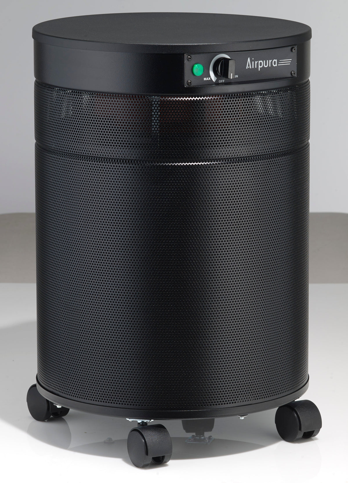Airpura Odor-Free air purifier, black finish, side view