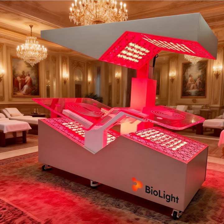 BioLight Aether Chamber glowing red in an ornate lounge with chandeliers and massage beds