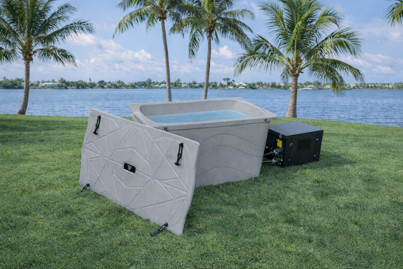 Frozin grey granite tub open with lid resting alongside the chiller #Color_Grey Granite