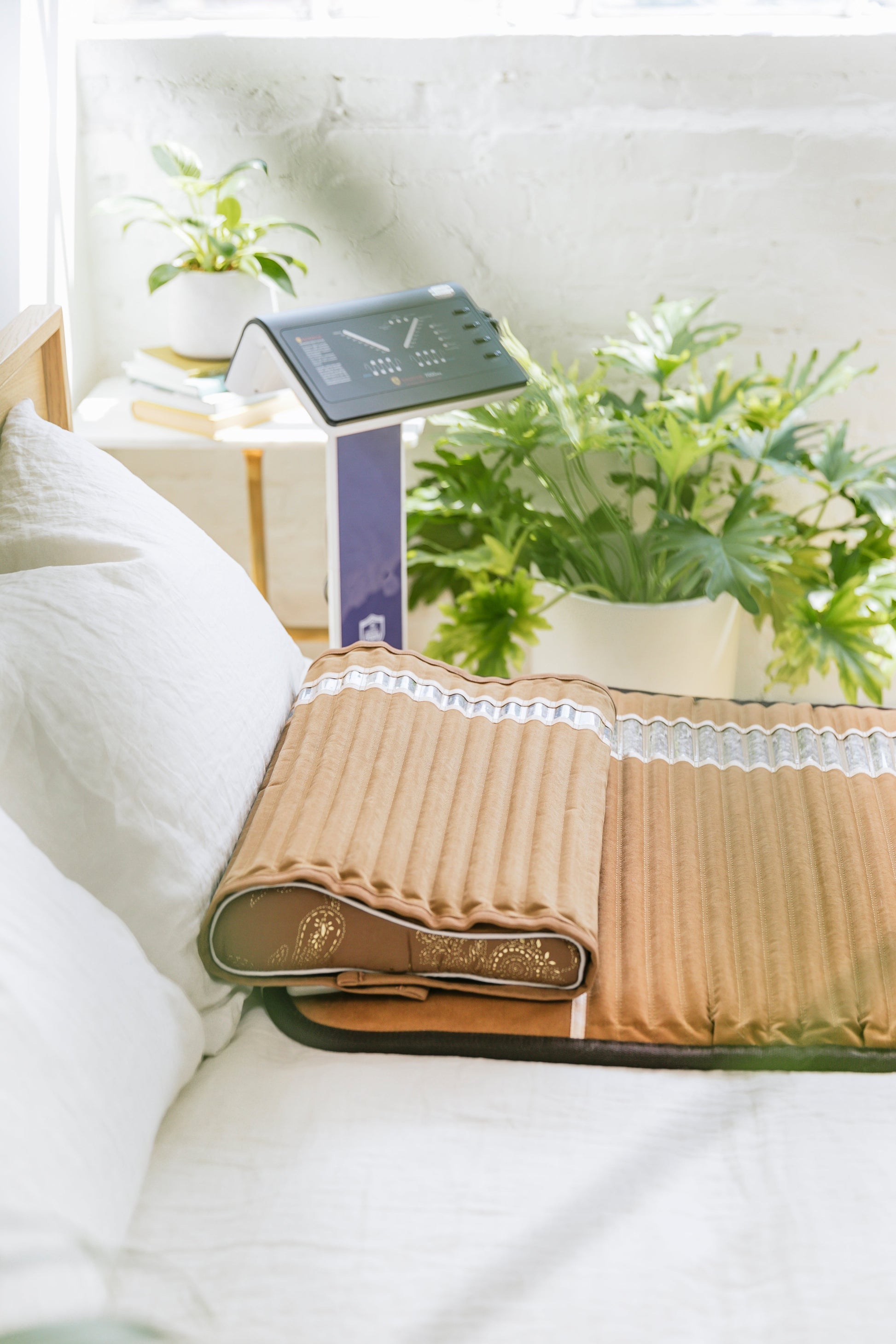 BioMat amethyst pillow and Pro on a bed