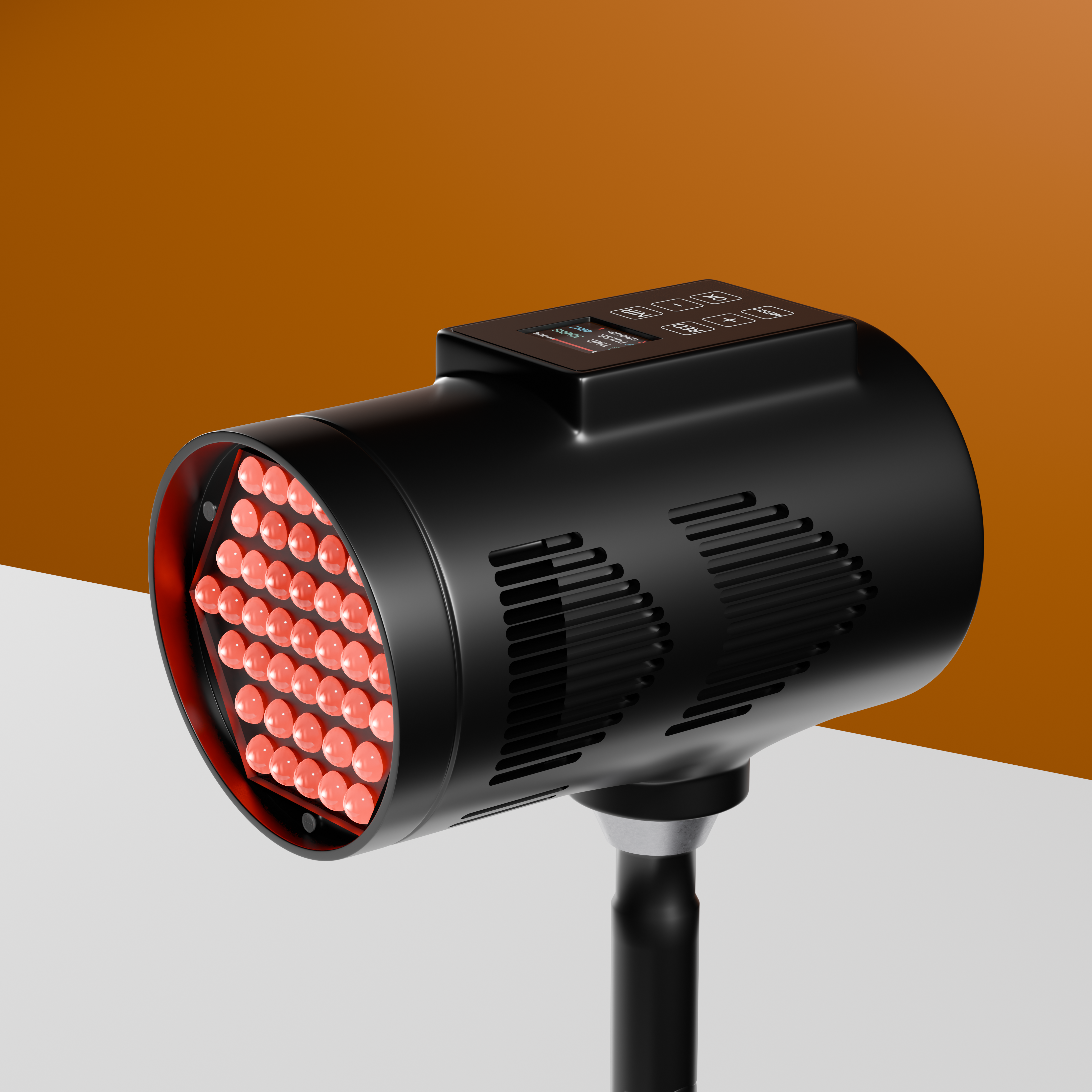Close view of the black BioLight Beam head with red LEDs lit and top control buttons