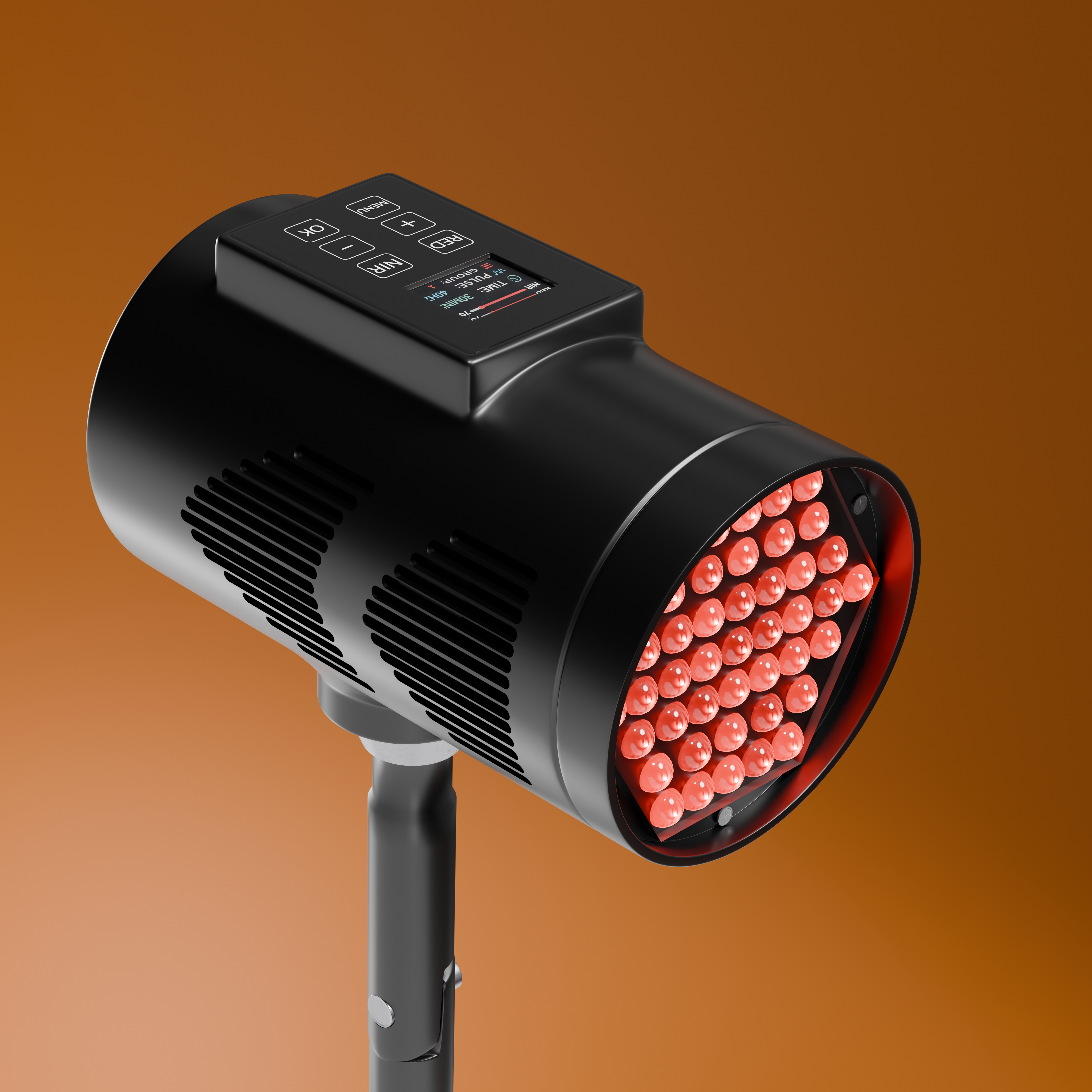 Black BioLight Beam angled upward, showing the LED array and rear control panel