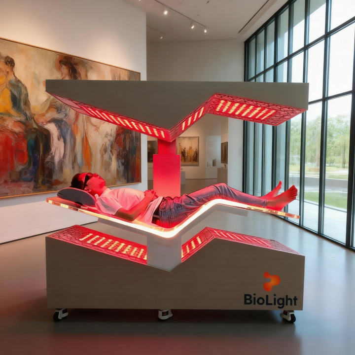 Man lying on the open BioLight Aether Chamber between its red LED panels in a bright room