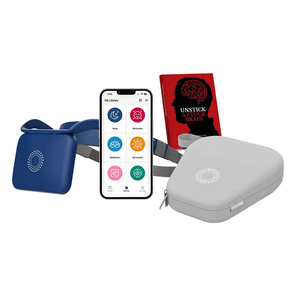 NeuroVIZR Starter Pack contents: NR9 device, app, book and carry case