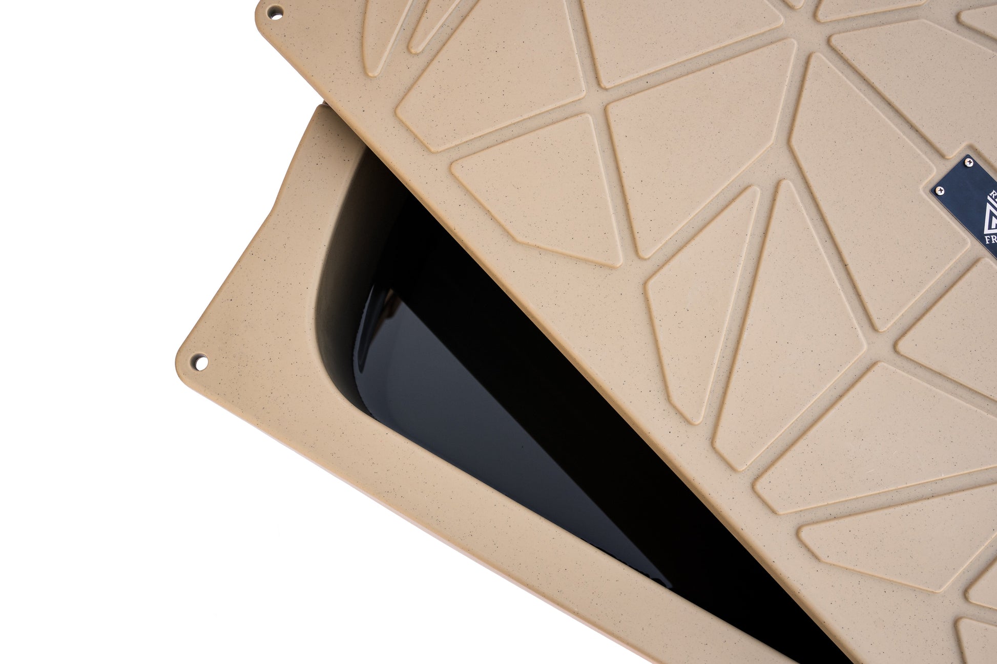 Frozin 400 Cold Plunge Tub in Tan with the lid open, showing the interior #Color_Tan