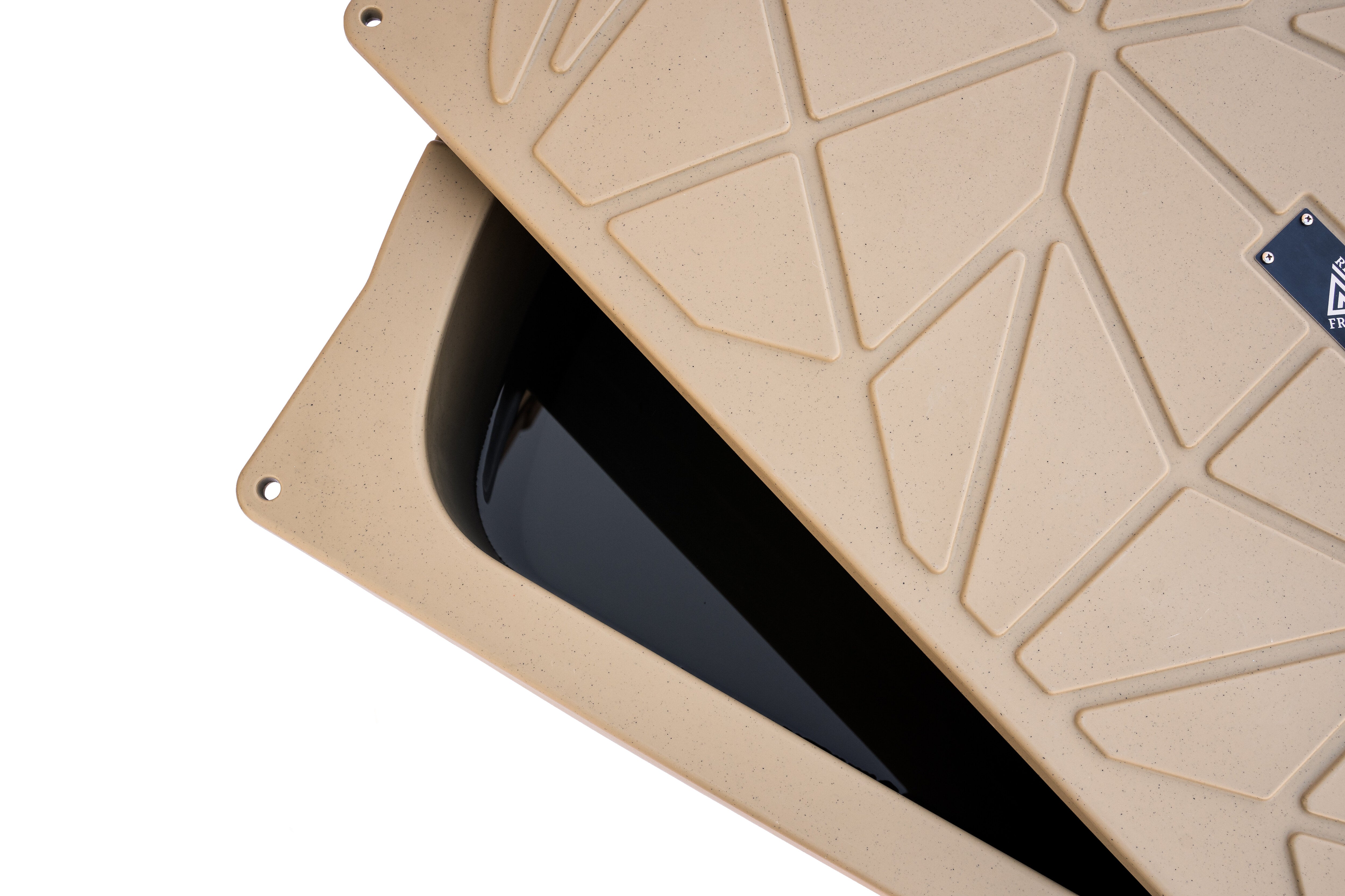 Frozin 400 Cold Plunge Tub in Tan with the lid open, showing the interior #Color_Tan