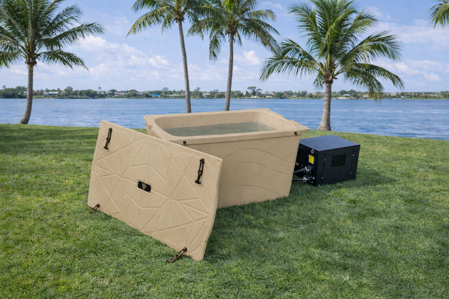 Frozin tan tub open with its lid resting alongside the chiller #Color_Tan