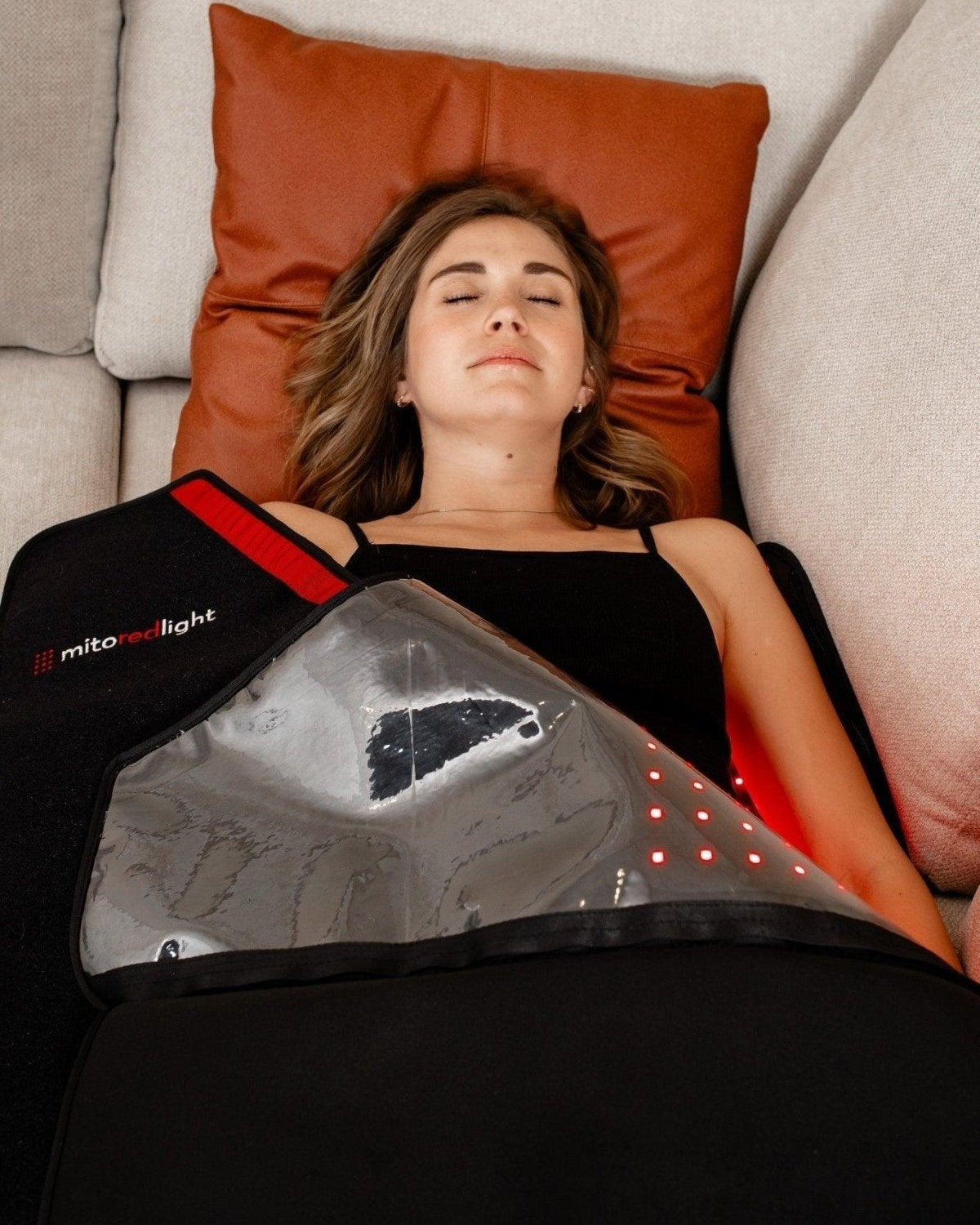 MitoPOD full body red light therapy wrap in use