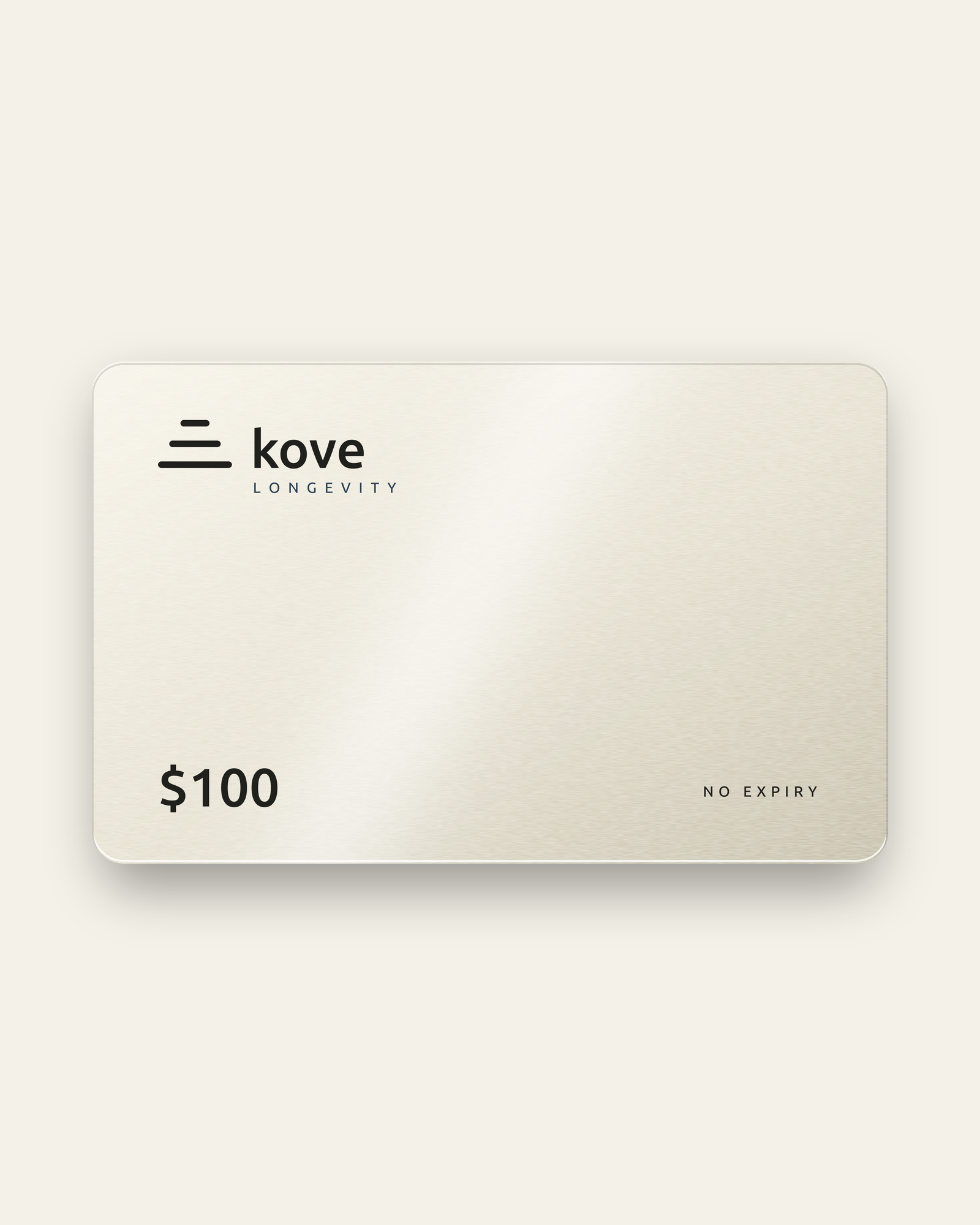 Kove gift card, 100 dollars, brushed cream metal with the ink Kove mark