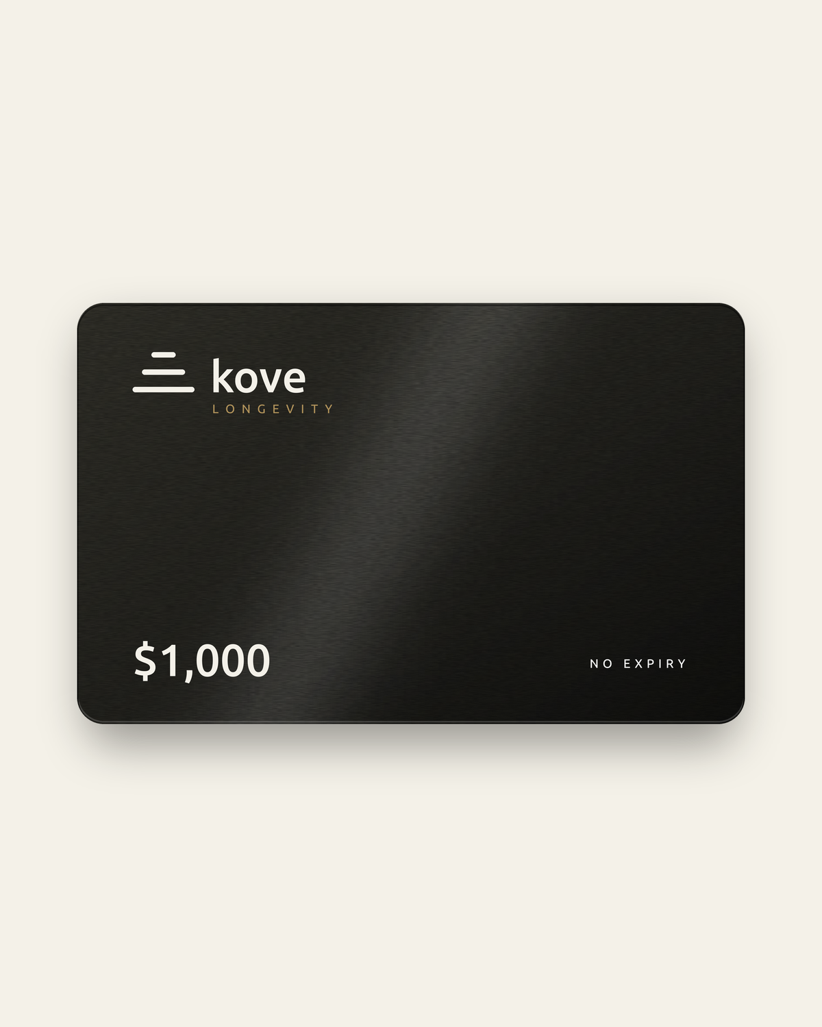 Kove gift card, 1,000 dollars, obsidian ink metal with the cream Kove mark