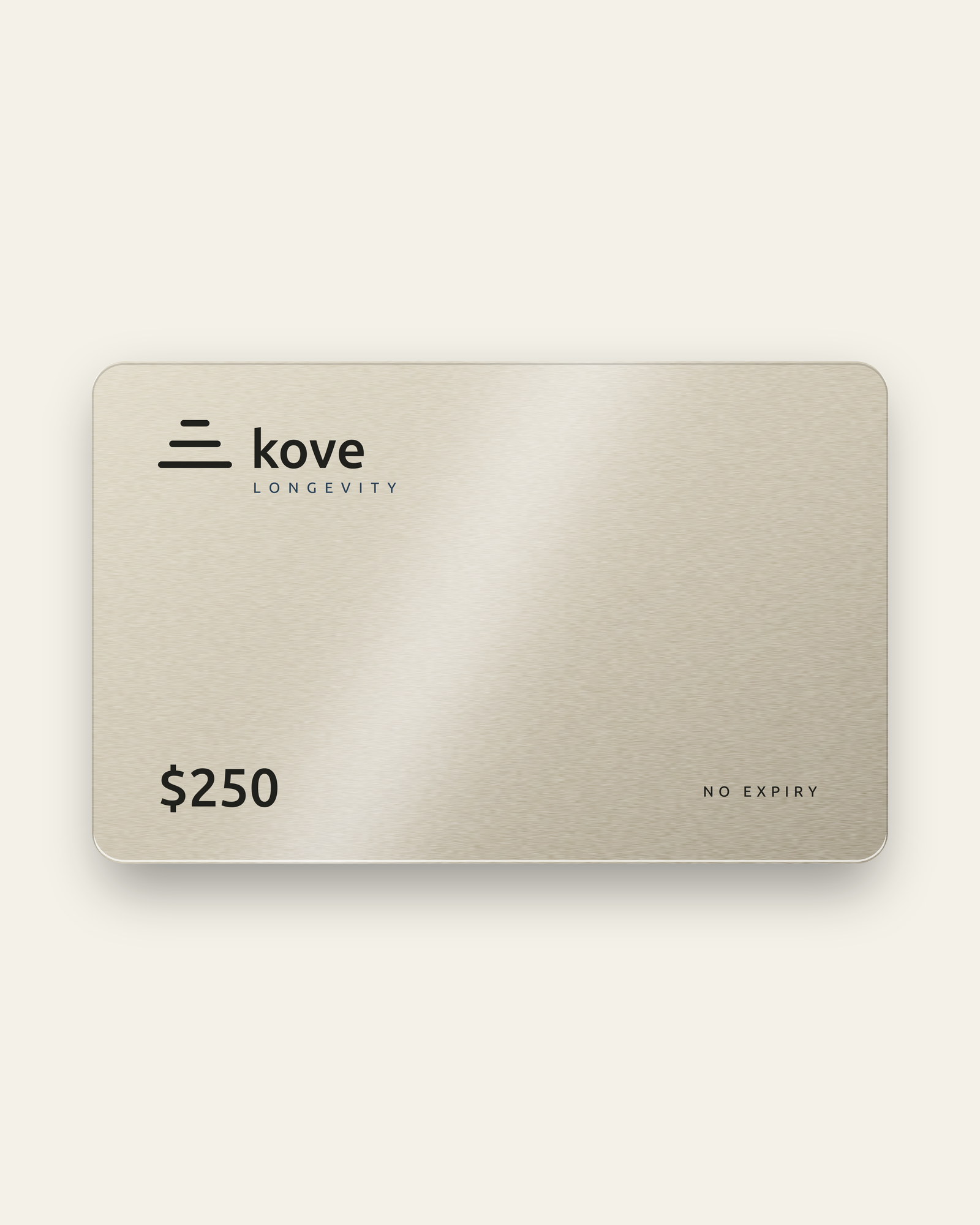 Kove gift card, 250 dollars, brushed stone metal with the ink Kove mark