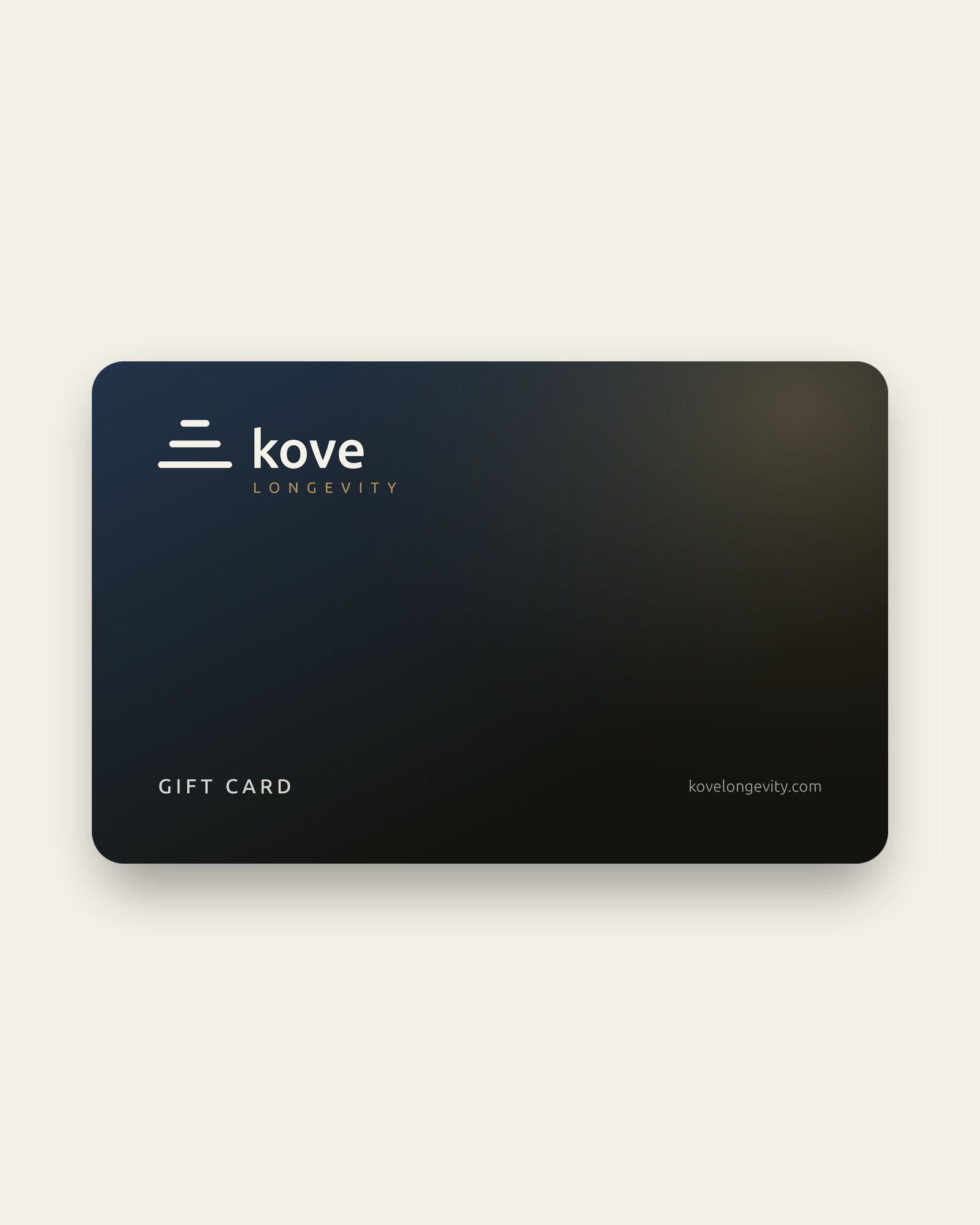 Kove Longevity gift card, deep navy with the cream three-bar Kove mark and gold Longevity descriptor