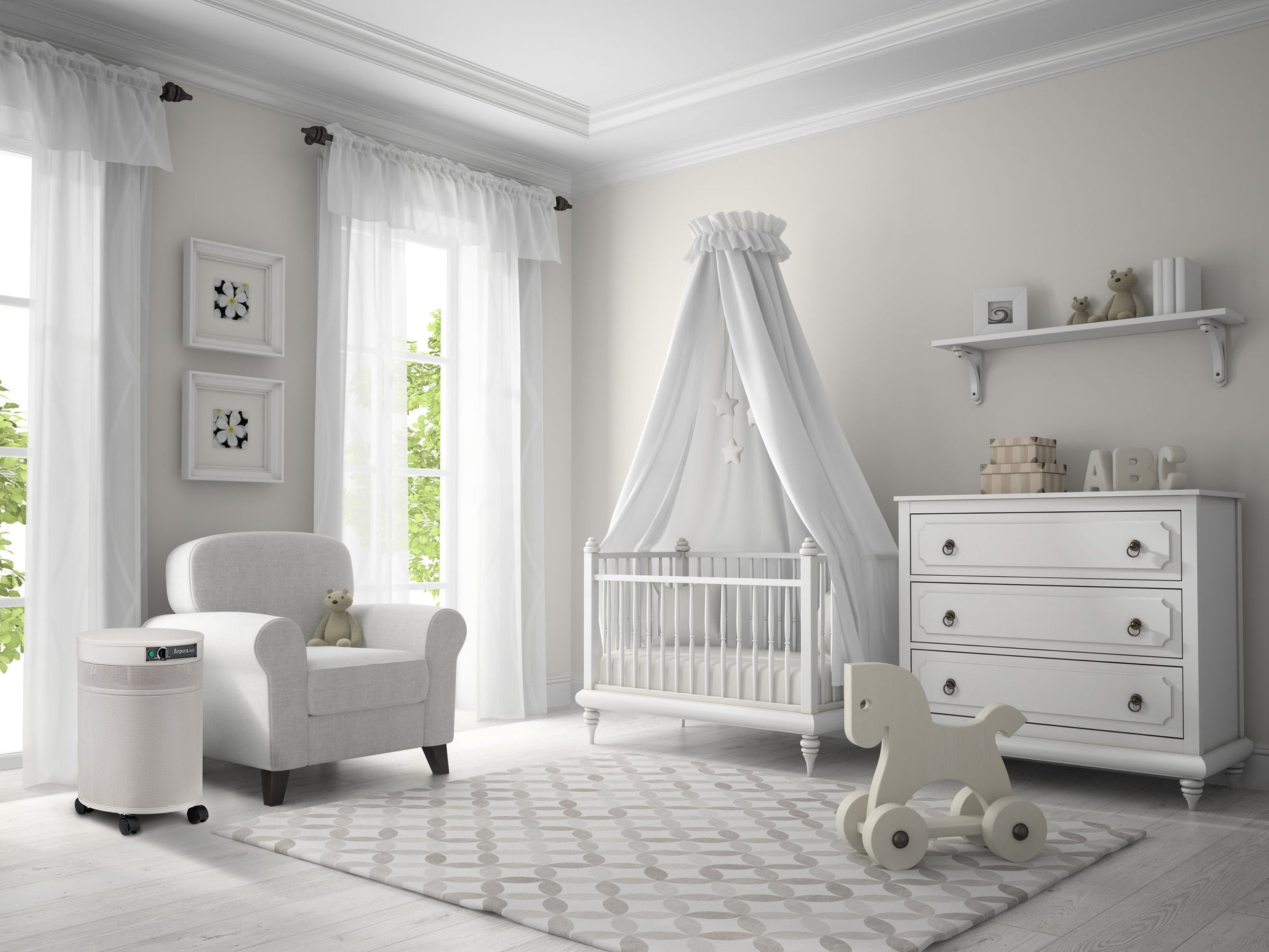Airpura Airborne Chemicals C600 air purifier beside an armchair in a nursery