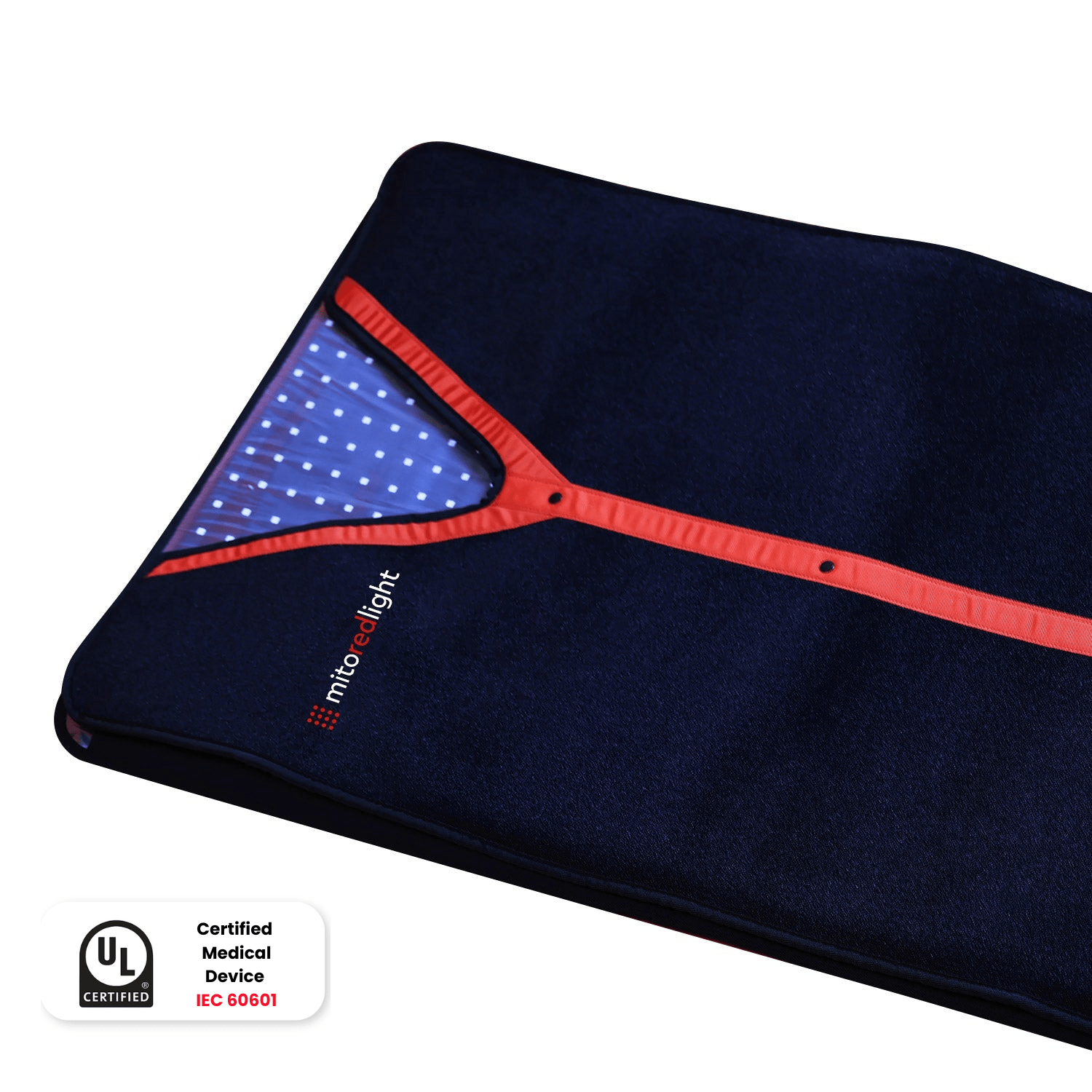 MitoPOD red light therapy wrap folded, UL certified device badge