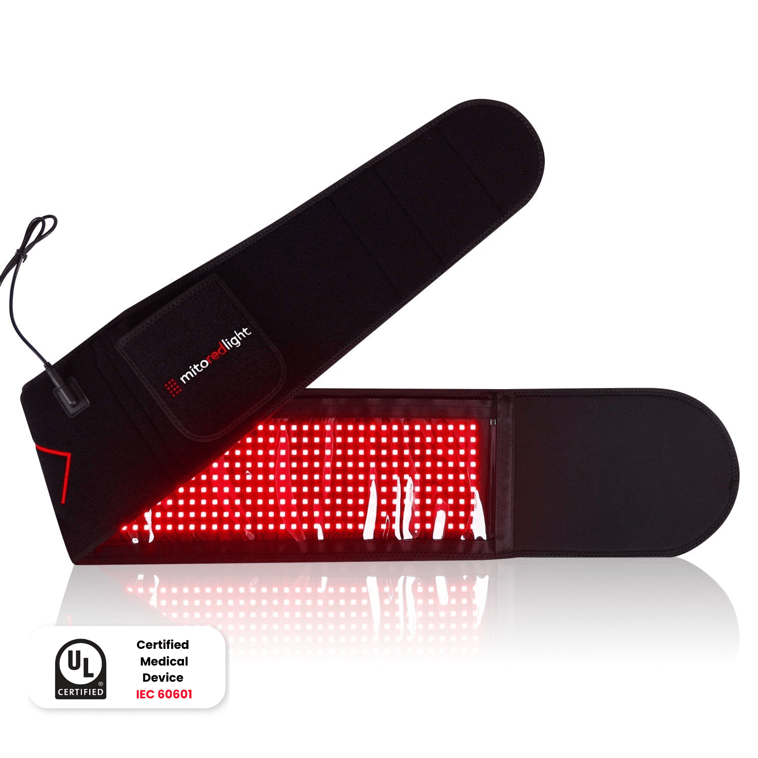 MitoQUAD red light therapy belt with LED panel lit, UL certified badge