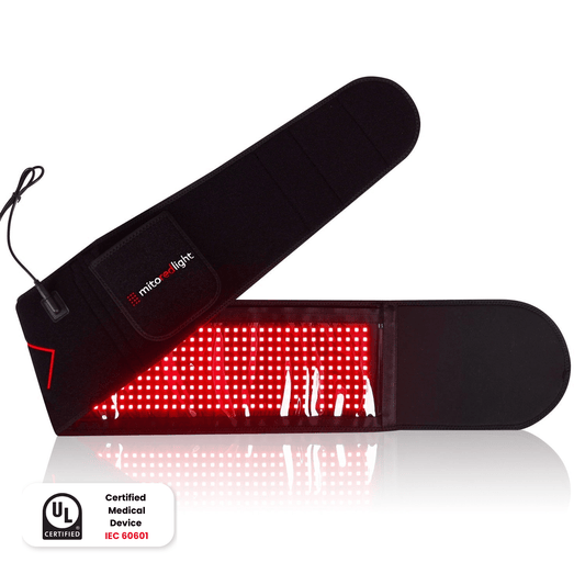MitoQUAD red light therapy belt with LED panel lit, UL certified badge