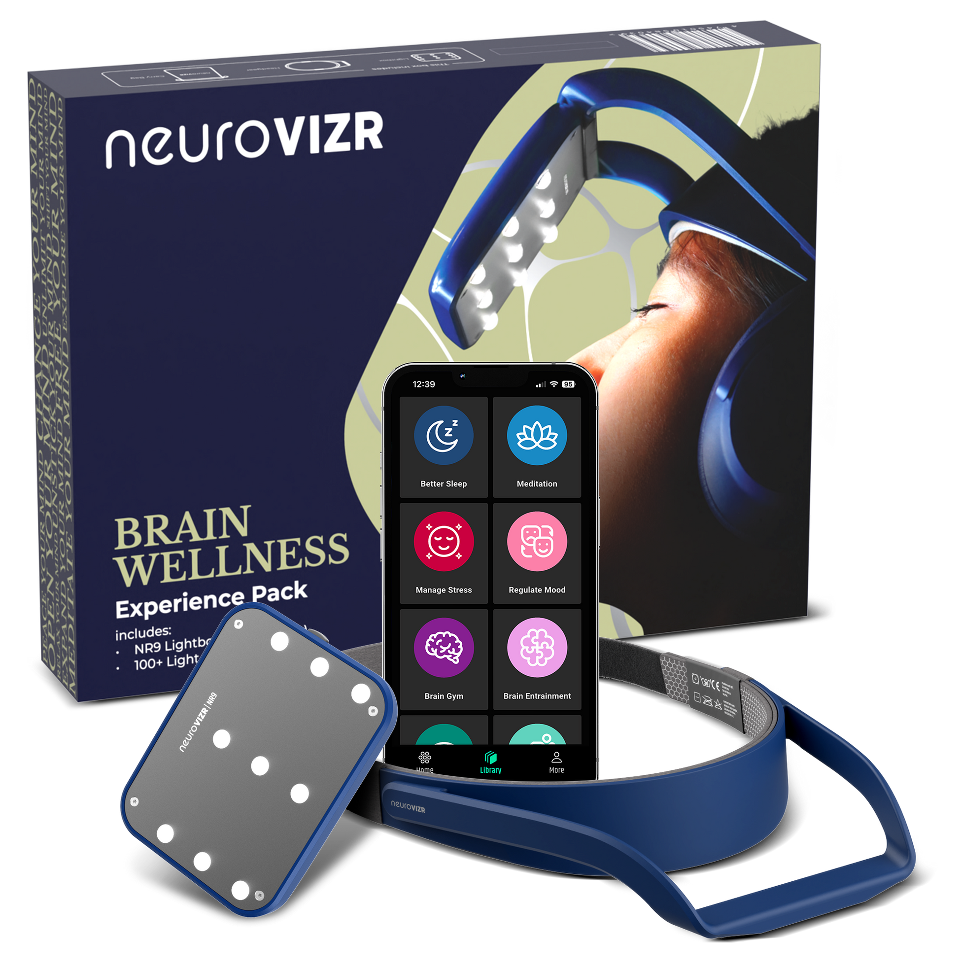NeuroVIZR NR9 retail box with device, headband and app