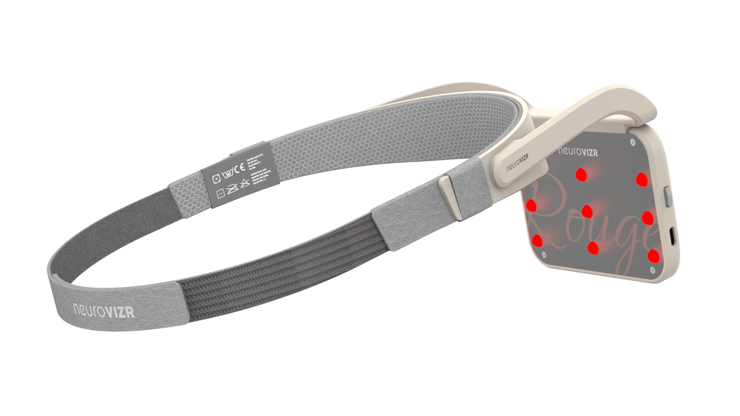 NeuroVIZR Rouge on grey headband, angled view of lit red LED array
