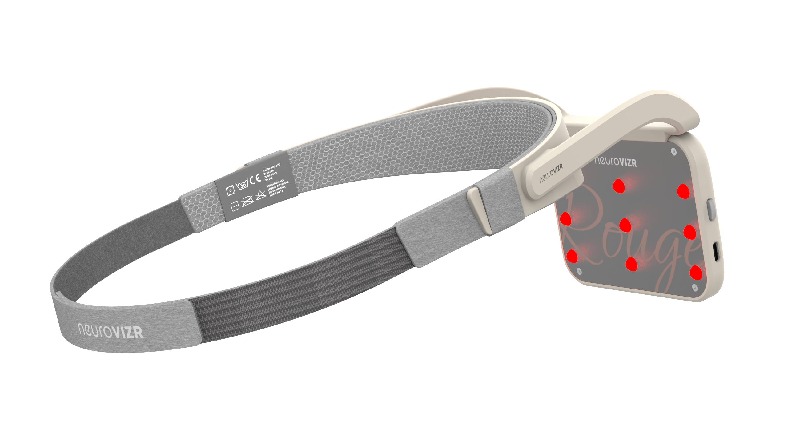 NeuroVIZR Rouge on grey headband, angled view of lit red LED array
