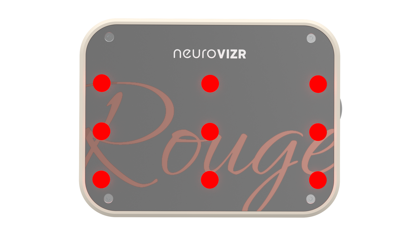 NeuroVIZR Rouge light panel close-up, nine red LEDs and Rouge script