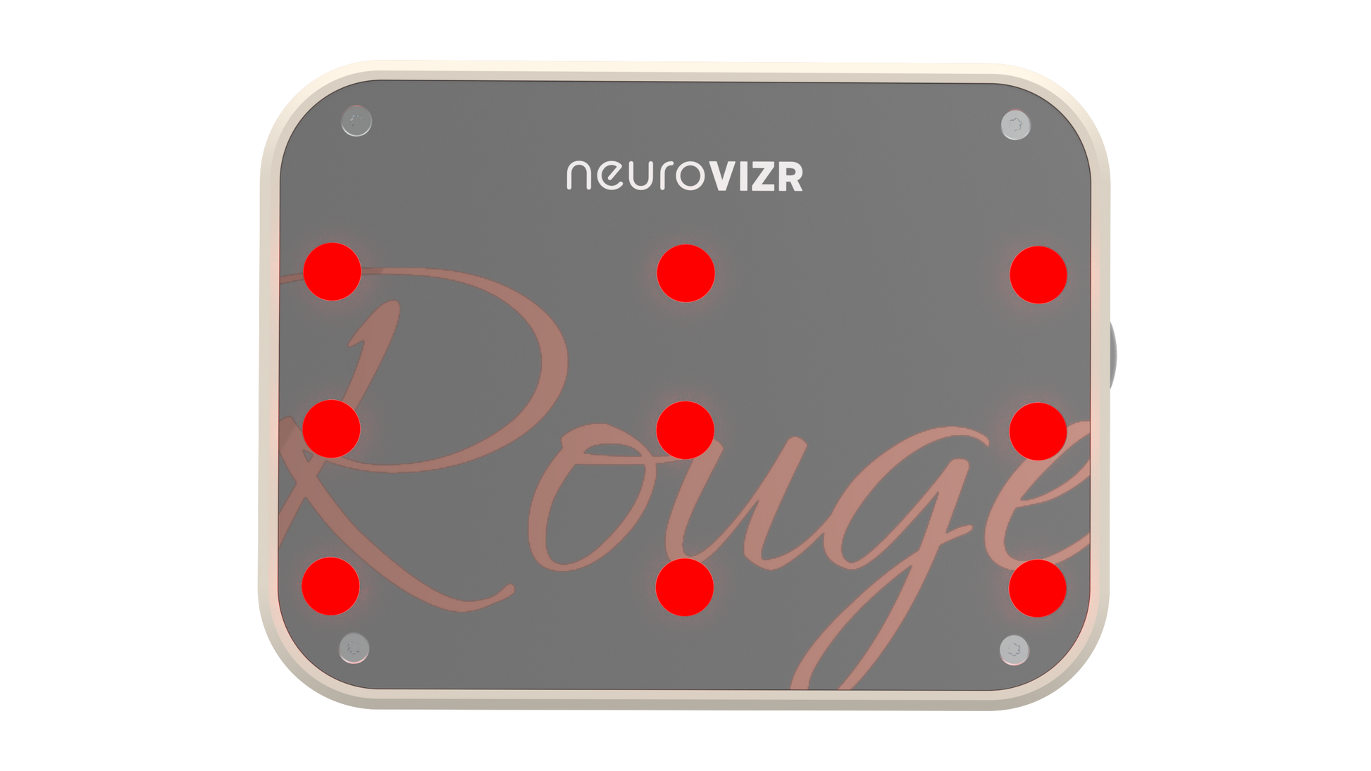 NeuroVIZR Rouge light panel close-up, nine red LEDs and Rouge script