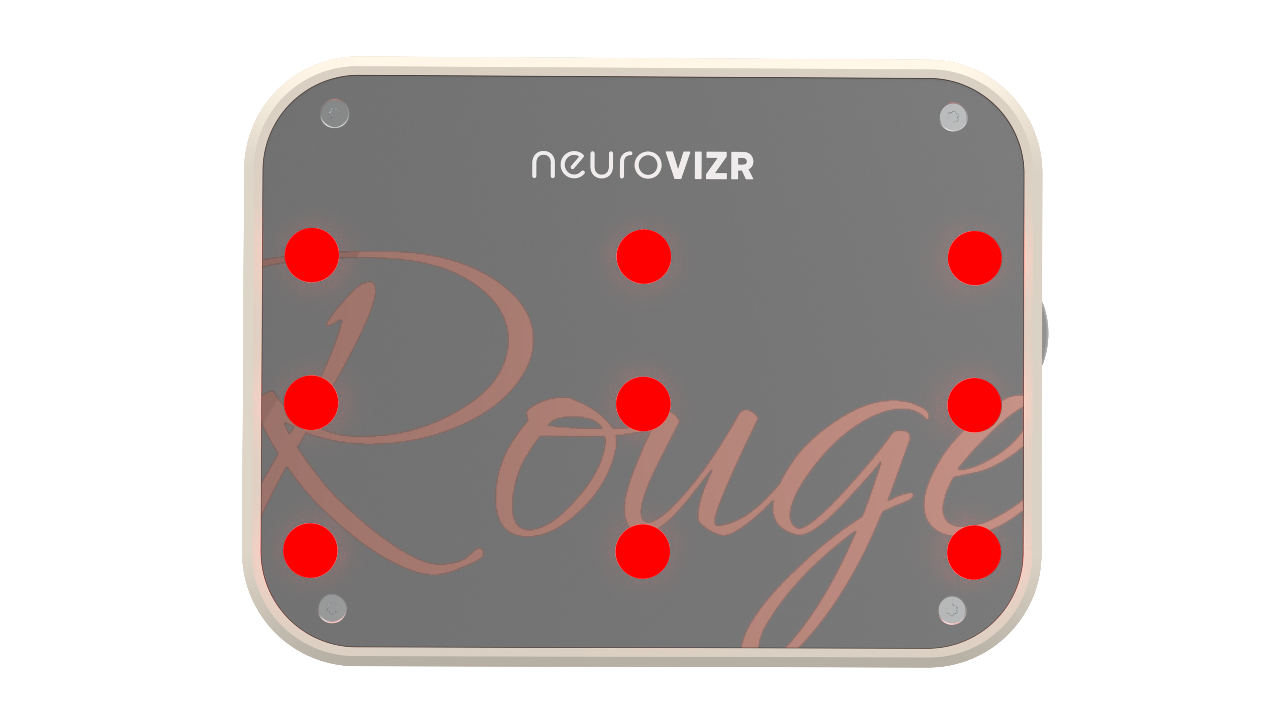 NeuroVIZR Rouge light panel close-up, nine red LEDs and Rouge script