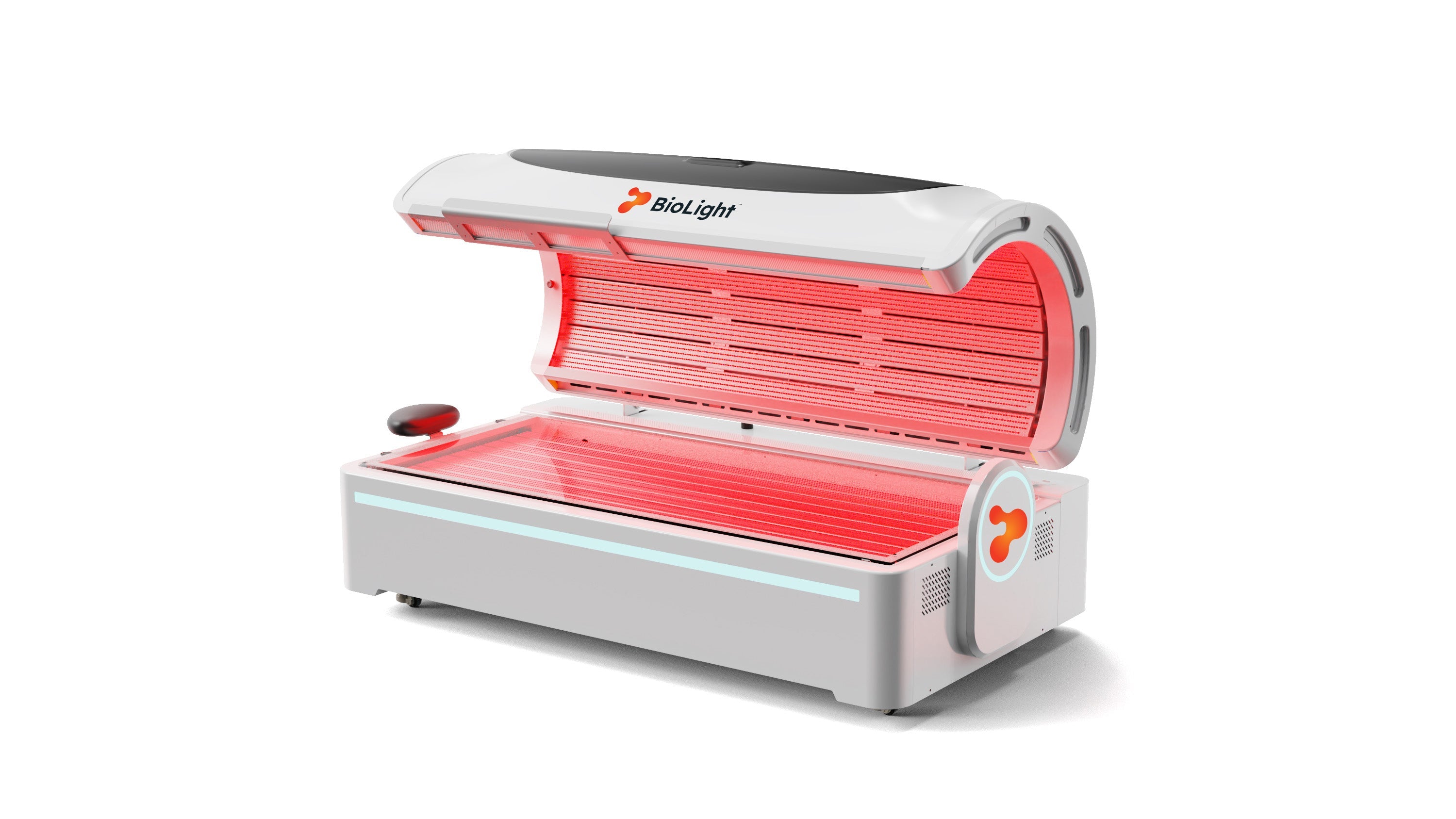 BioLight Apex System bed open, showing the red-lit LED canopy interior and base surface