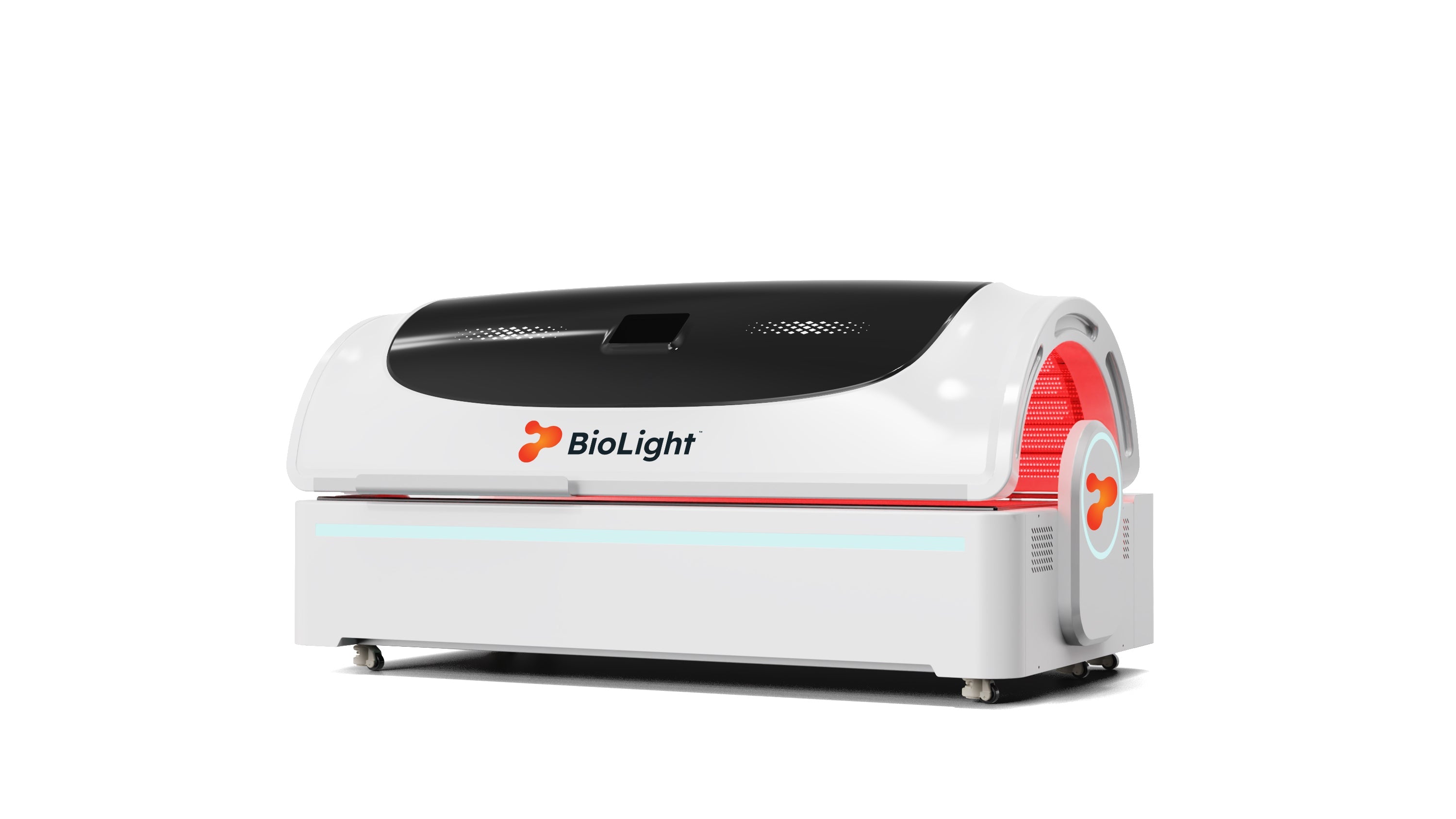 BioLight Apex System red light therapy bed closed, side angle showing the white and black canopy