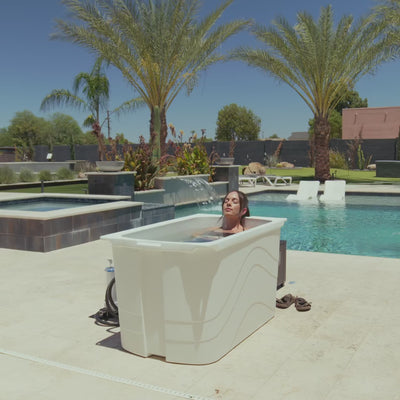 Frozin white granite cold plunge with chiller, relaxing poolside #Color_White Granite