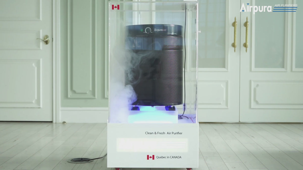 Airpura smoke test video: an Airpura purifier clearing a smoke-filled chamber