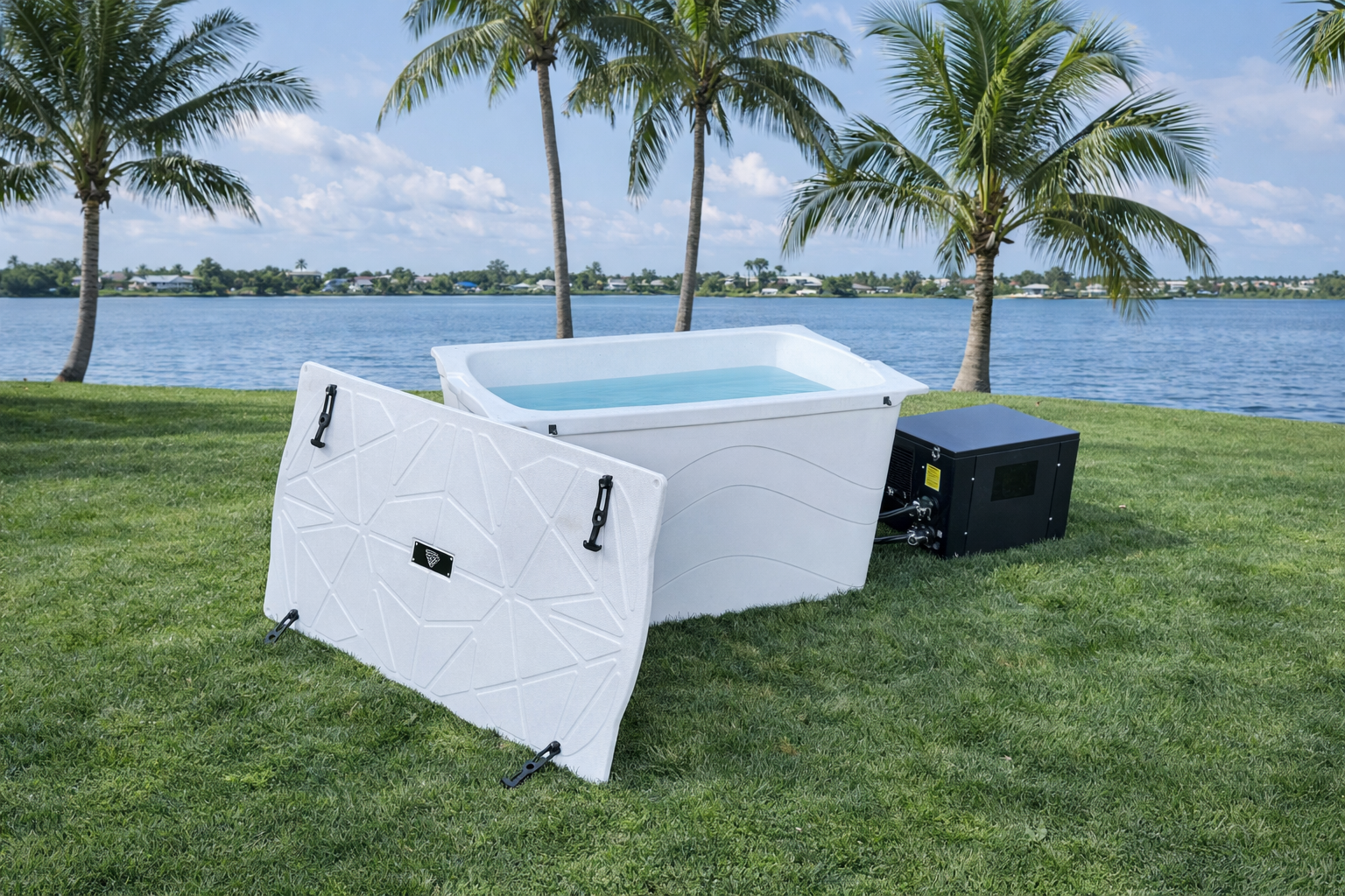 Frozin white granite tub open with lid resting alongside the chiller #Color_White Granite