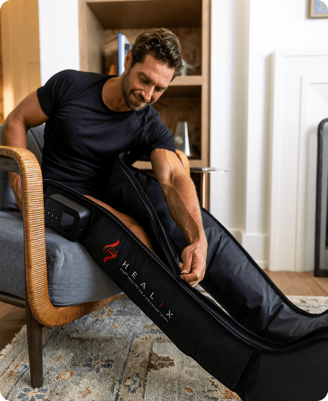 HEALiX Flow IPC Boots zipped up in the chair before recovery