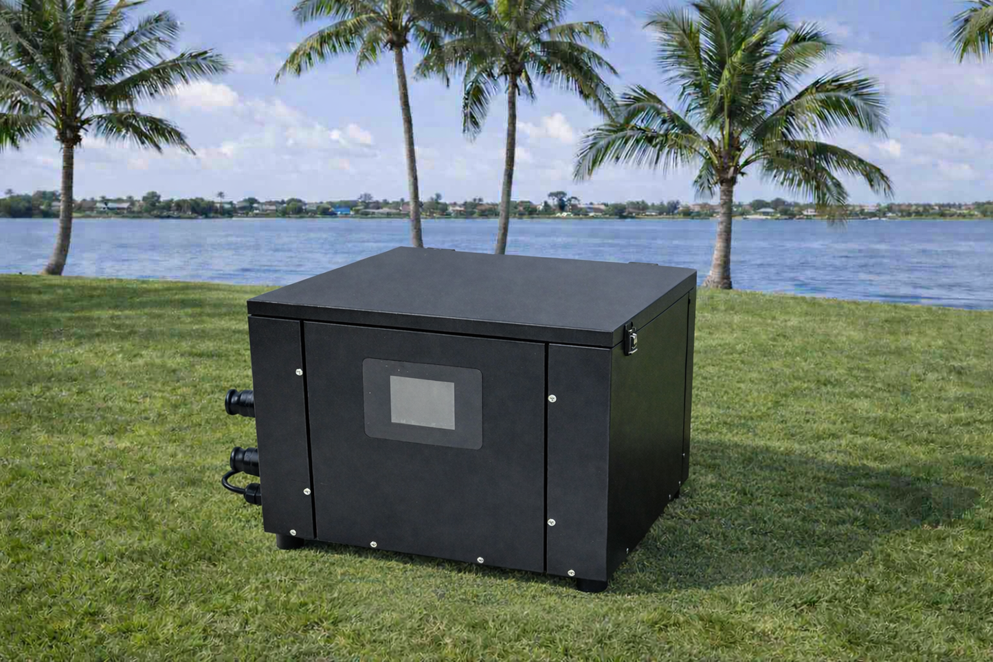 Frozin Chiller on a lawn with tropical waterfront backdrop