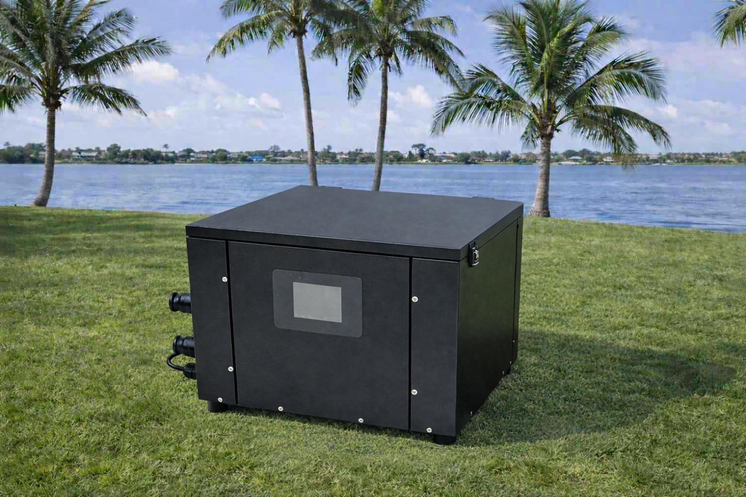 Frozin Chiller on a lawn with tropical waterfront backdrop