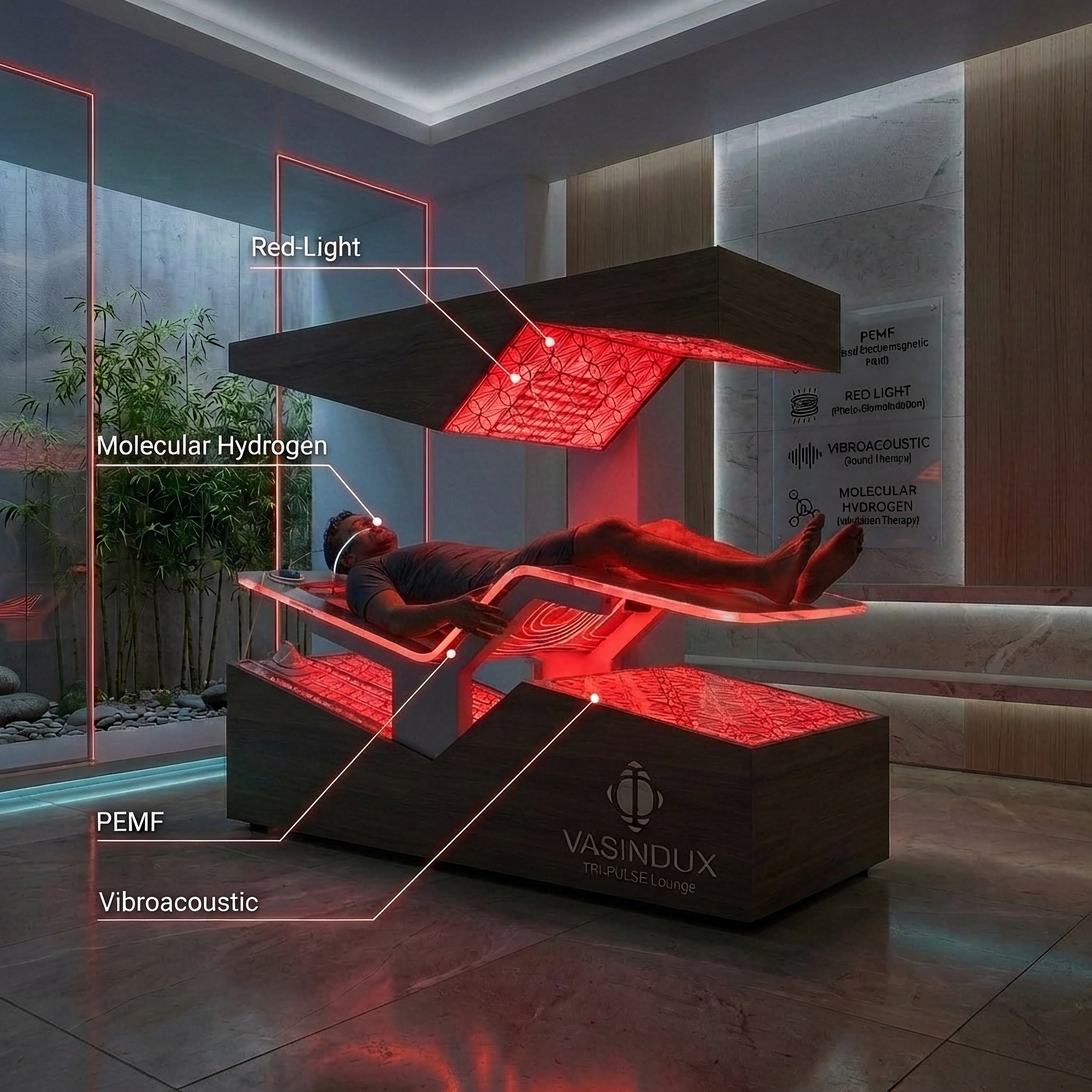 Vasindux TRI-PULSE Lounge with PEMF, red light, vibroacoustic and molecular hydrogen therapies