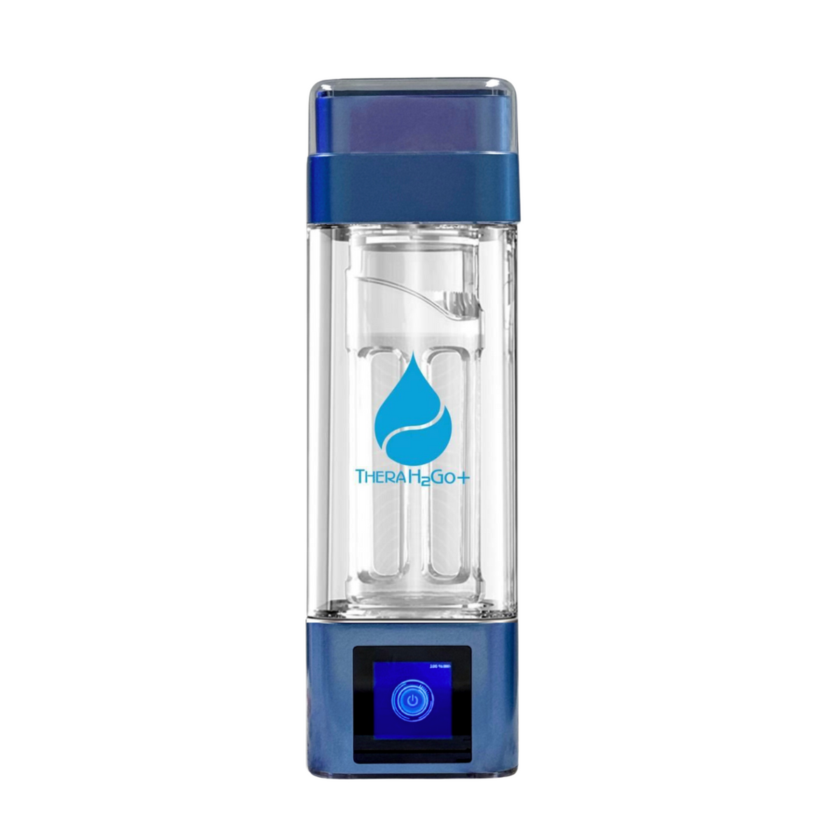 TheraH2Go+ hydrogen water bottle with blue lid and touchscreen base