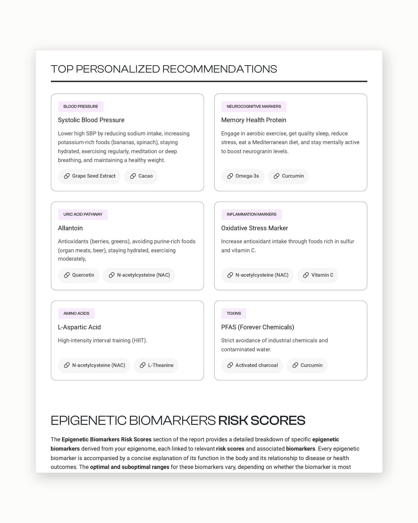 Sample report page showing personalized recommendations