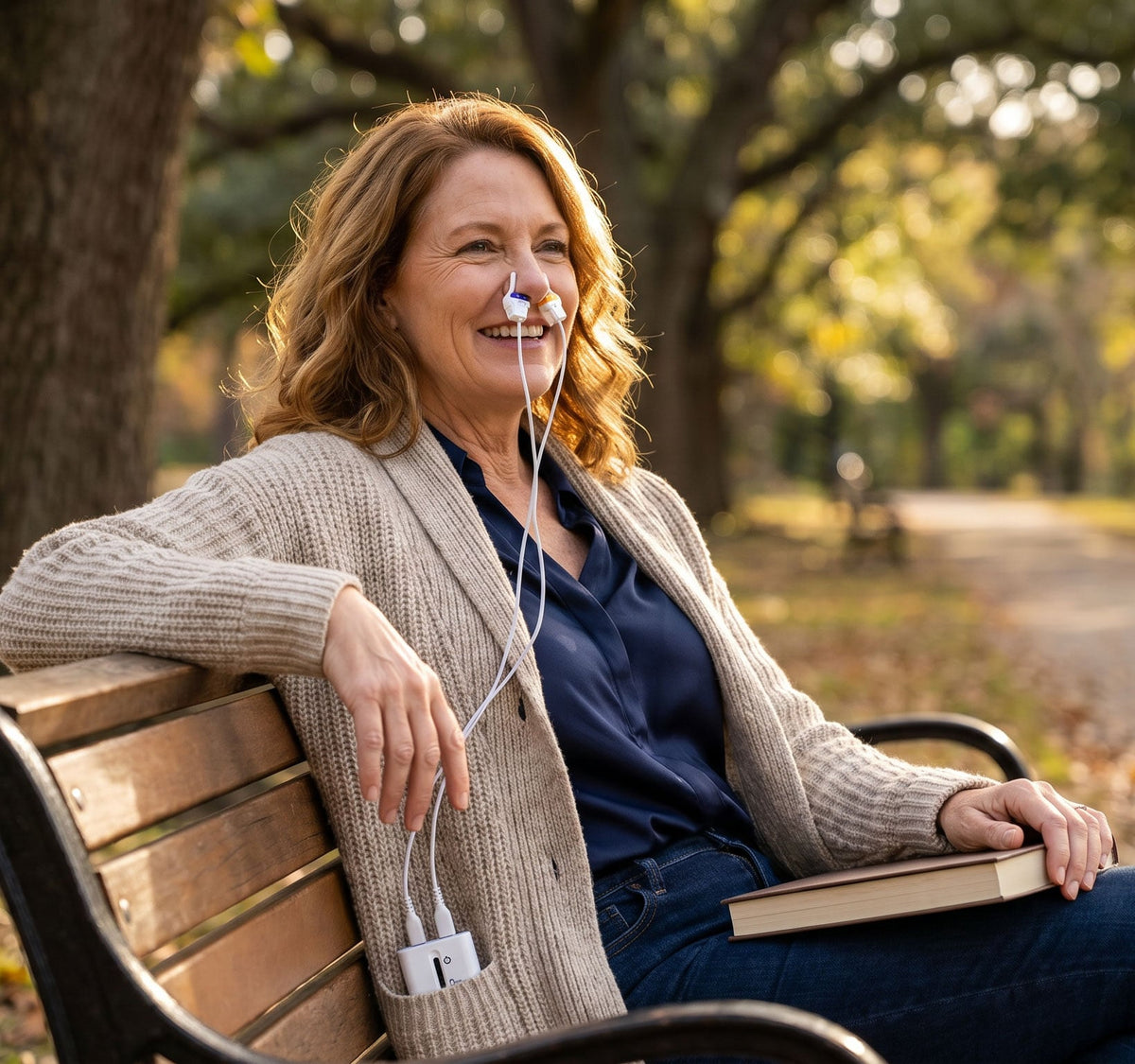 Wearing the Vielight MIP outdoors on a park bench #Configuration_MIP 633-810