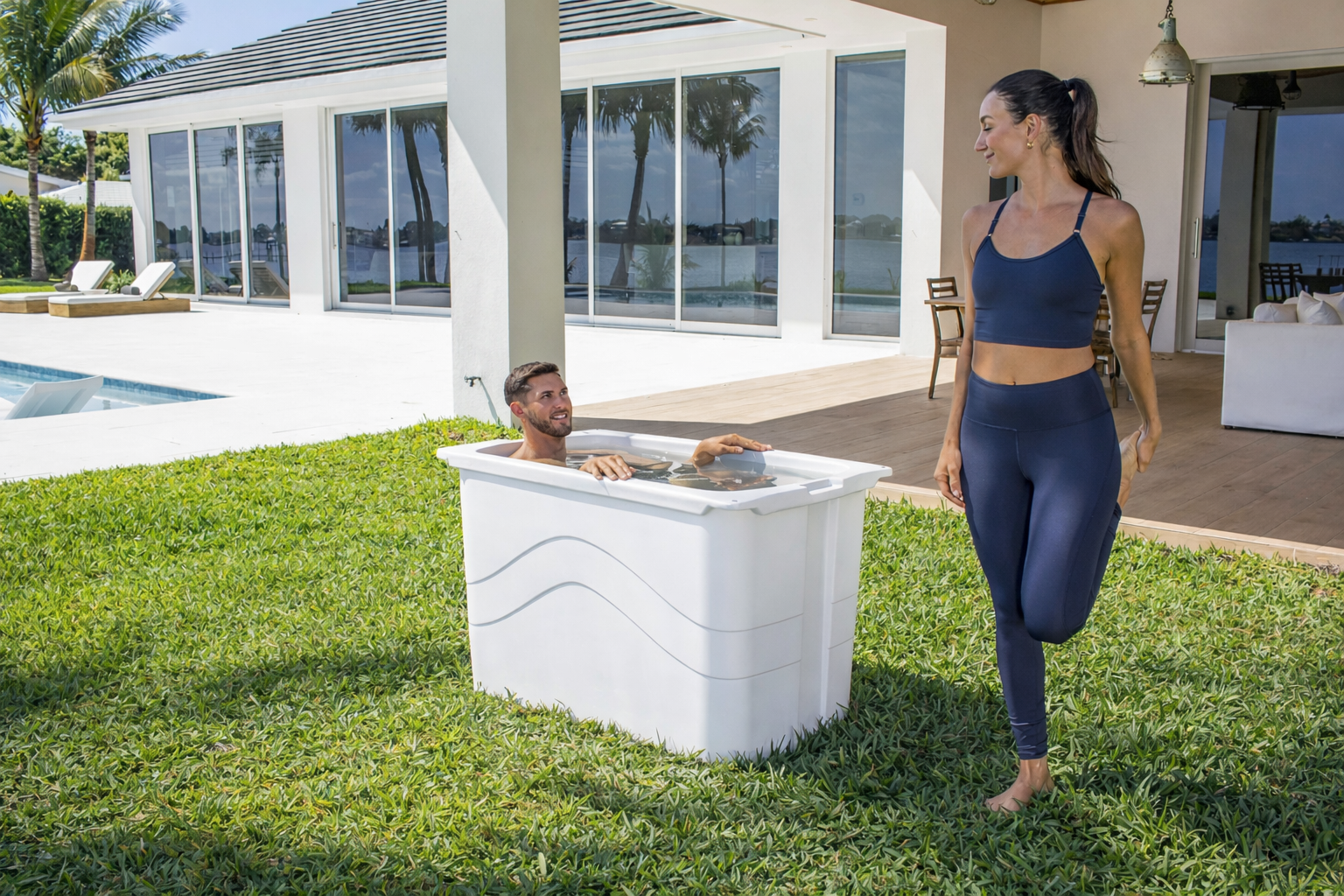 Frozin 400 white granite cold plunge in a backyard with two people #Color_White Granite