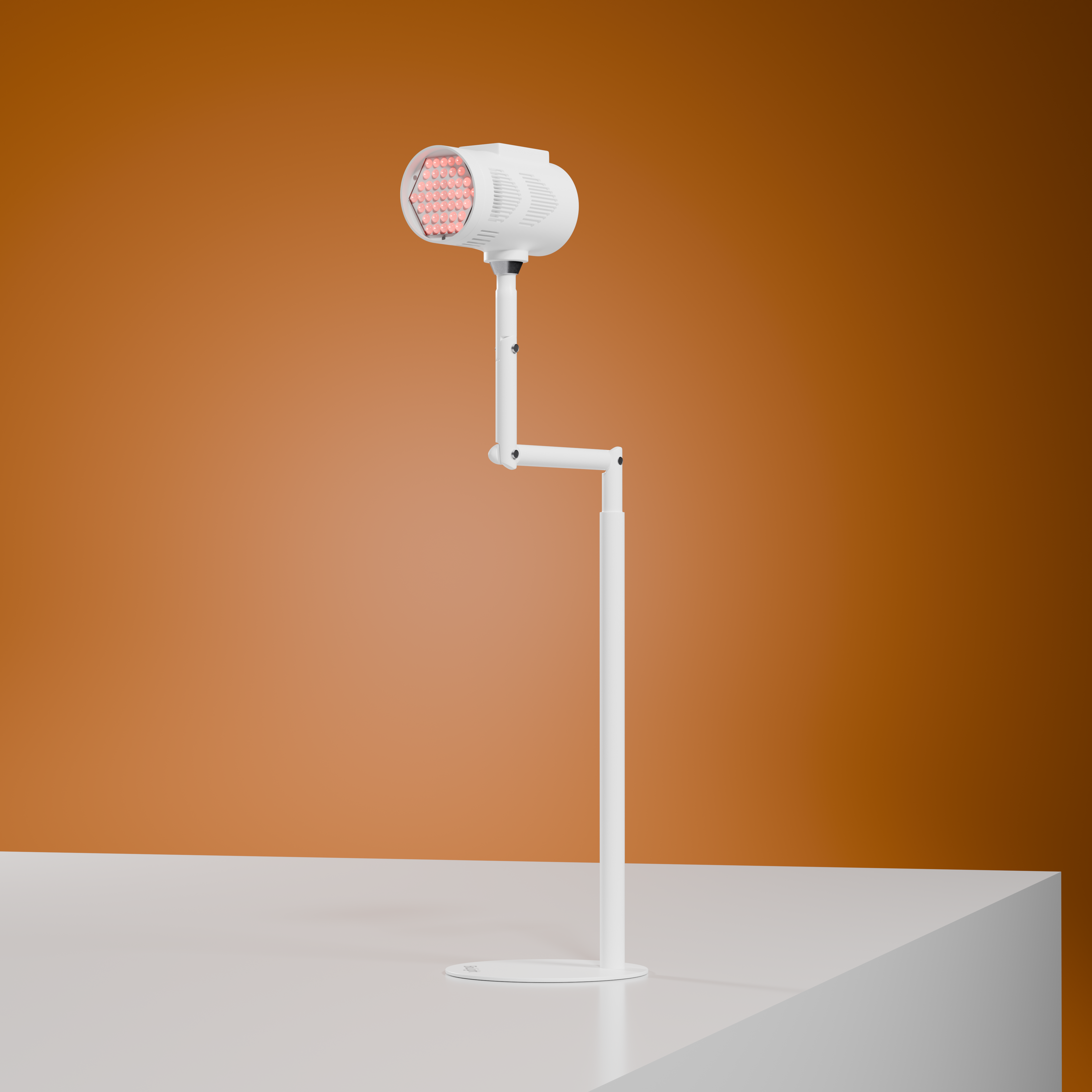 White BioLight Beam red light therapy device on its adjustable stand, LEDs glowing
