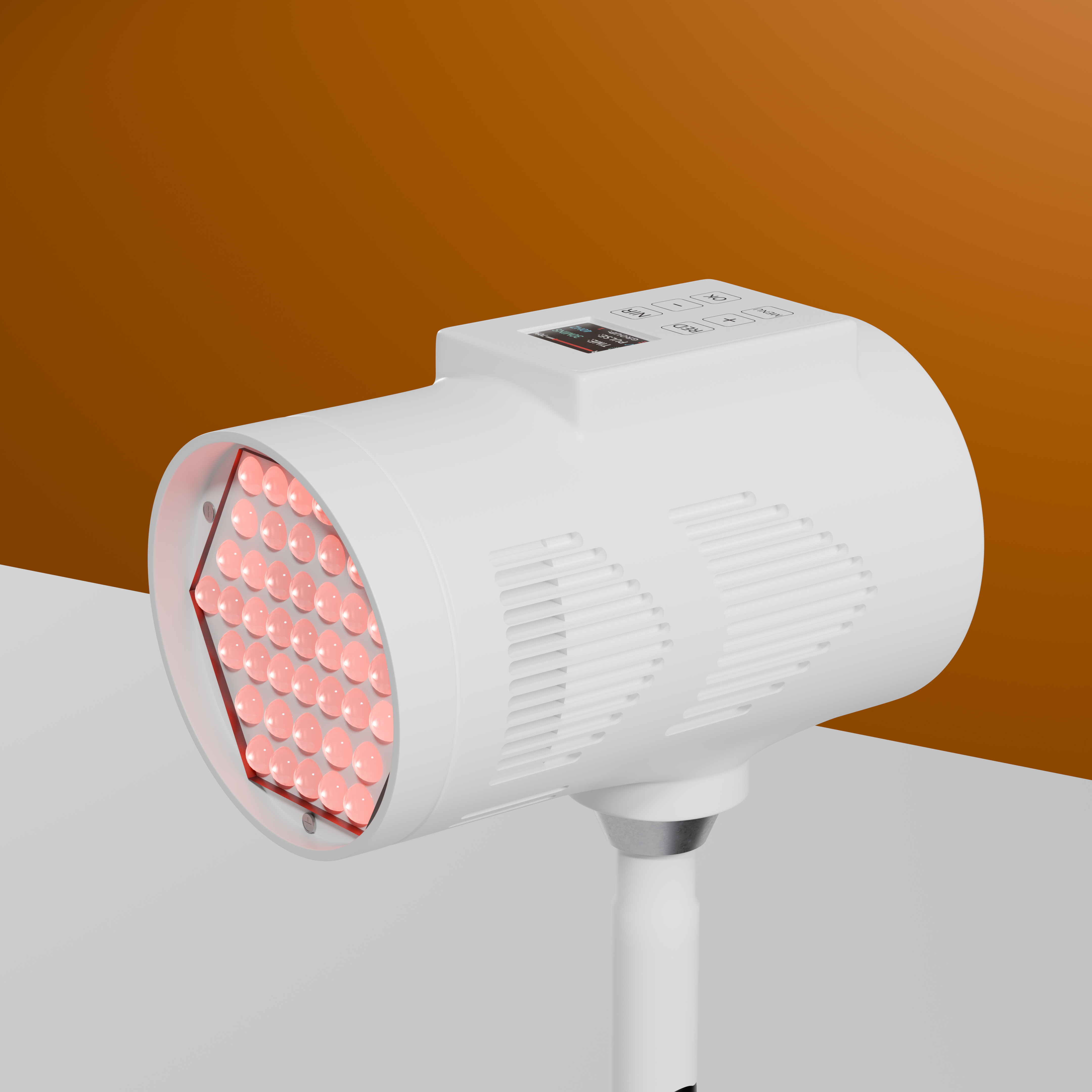 Close view of the white BioLight Beam head with LED array and top control buttons