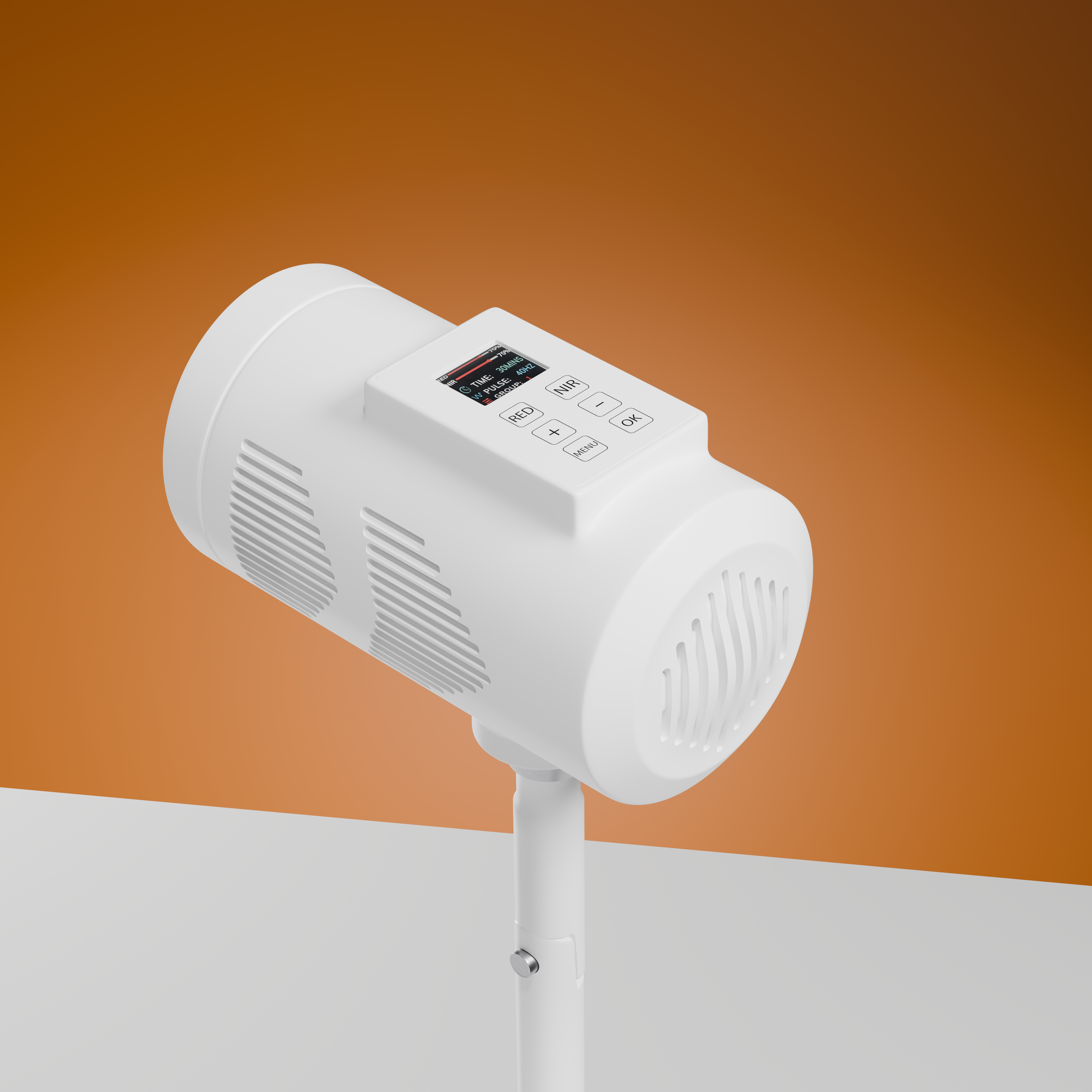 Rear view of the white BioLight Beam showing cooling vents, display, and control buttons
